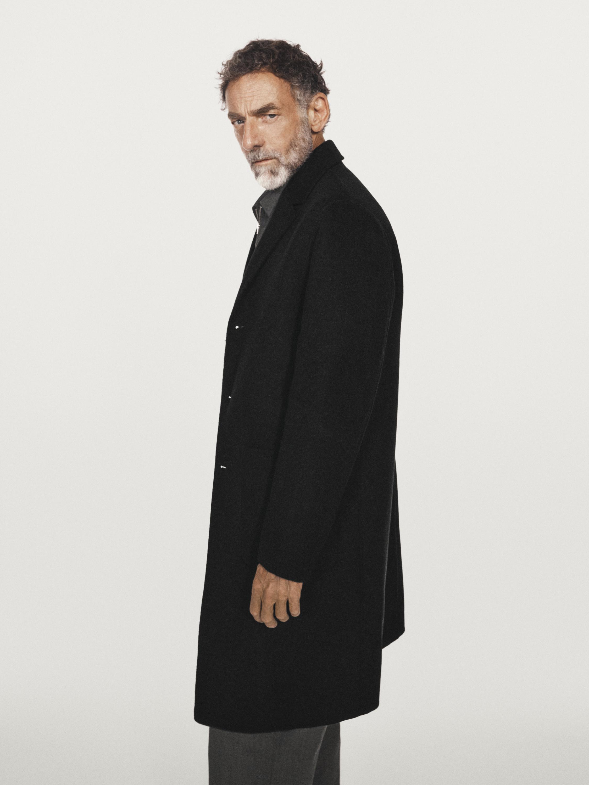 Long wool blend coat with lapel collar