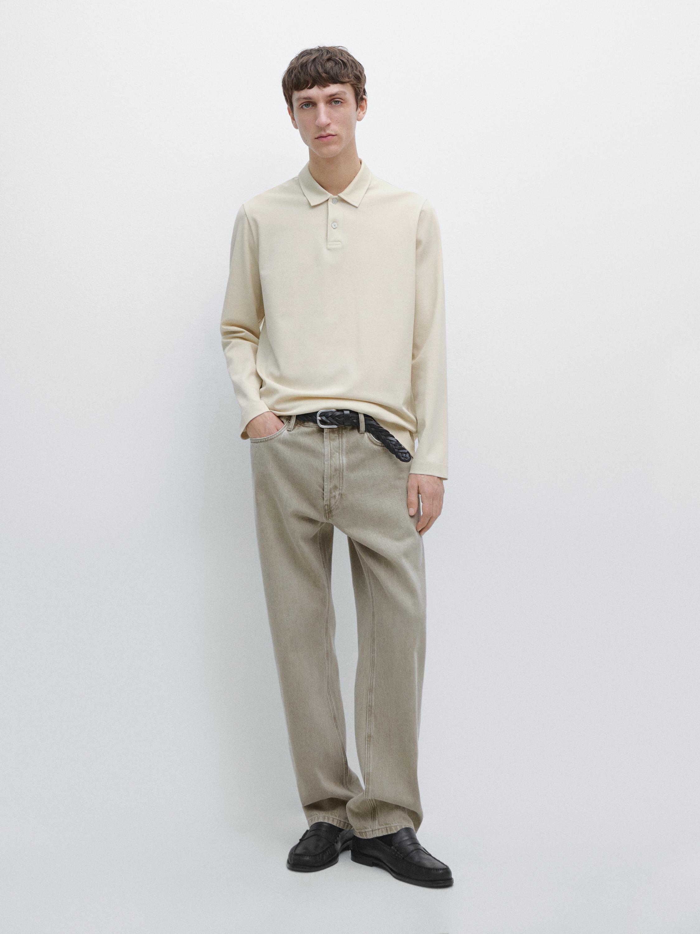 Long sleeve mercerised cotton piqué polo shirt — IVORY