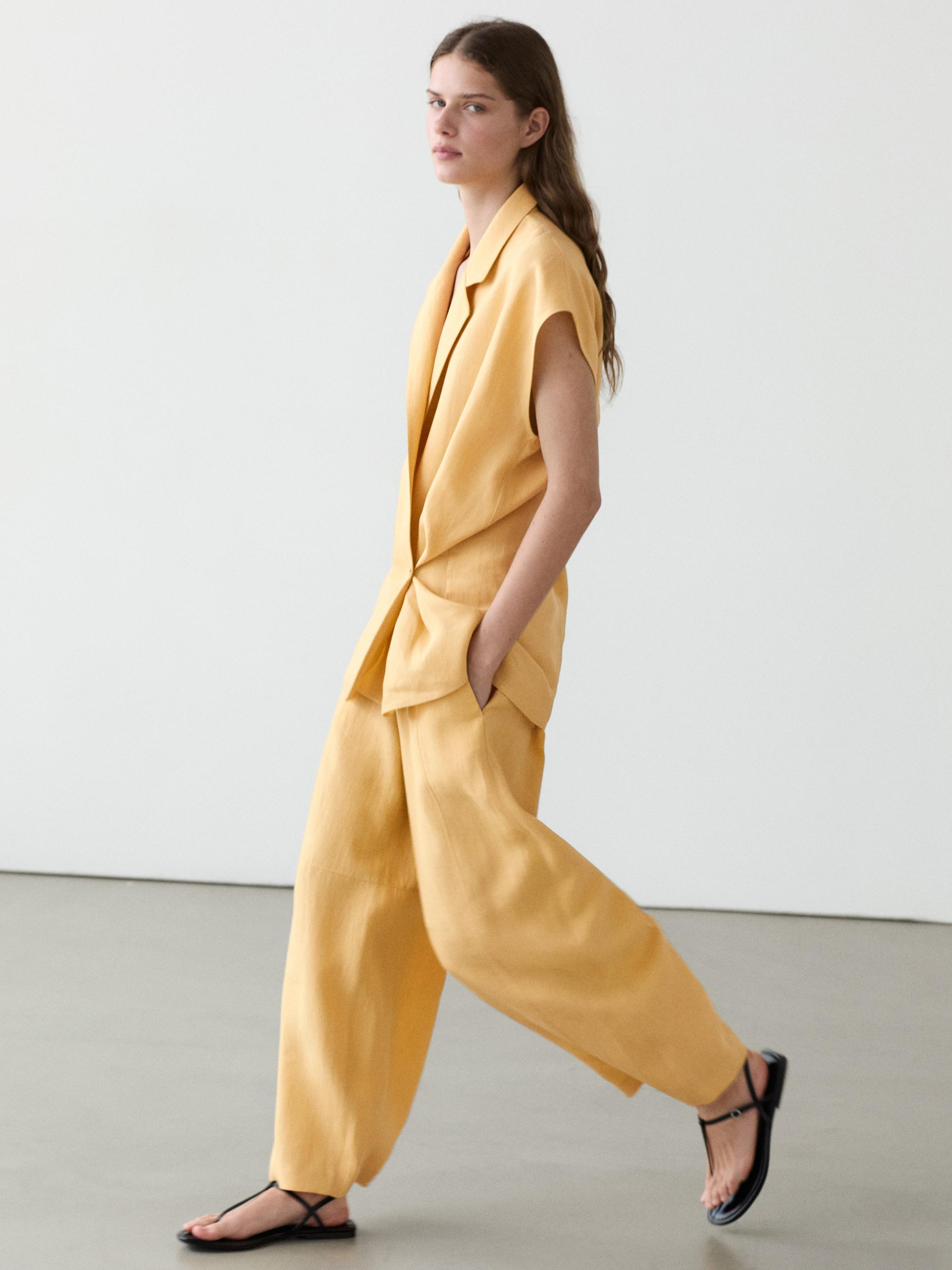 Linen double-breasted lapel vest — YELLOW