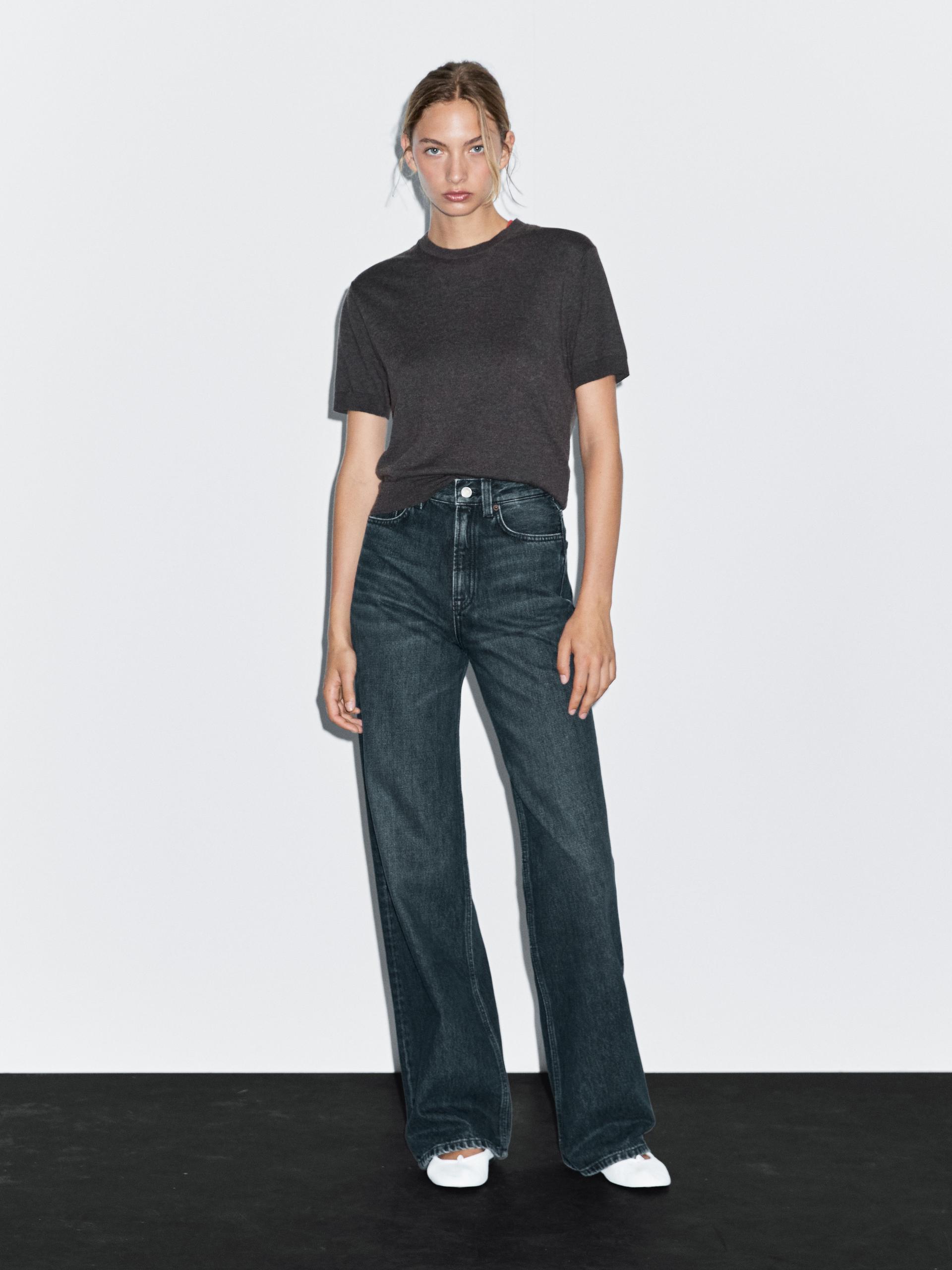 Jeansy Z Szerokimi Nogawkami I Wysokim Stanem - Ciemnoniebieski - 36 - Massimo Dutti - Kobieta
