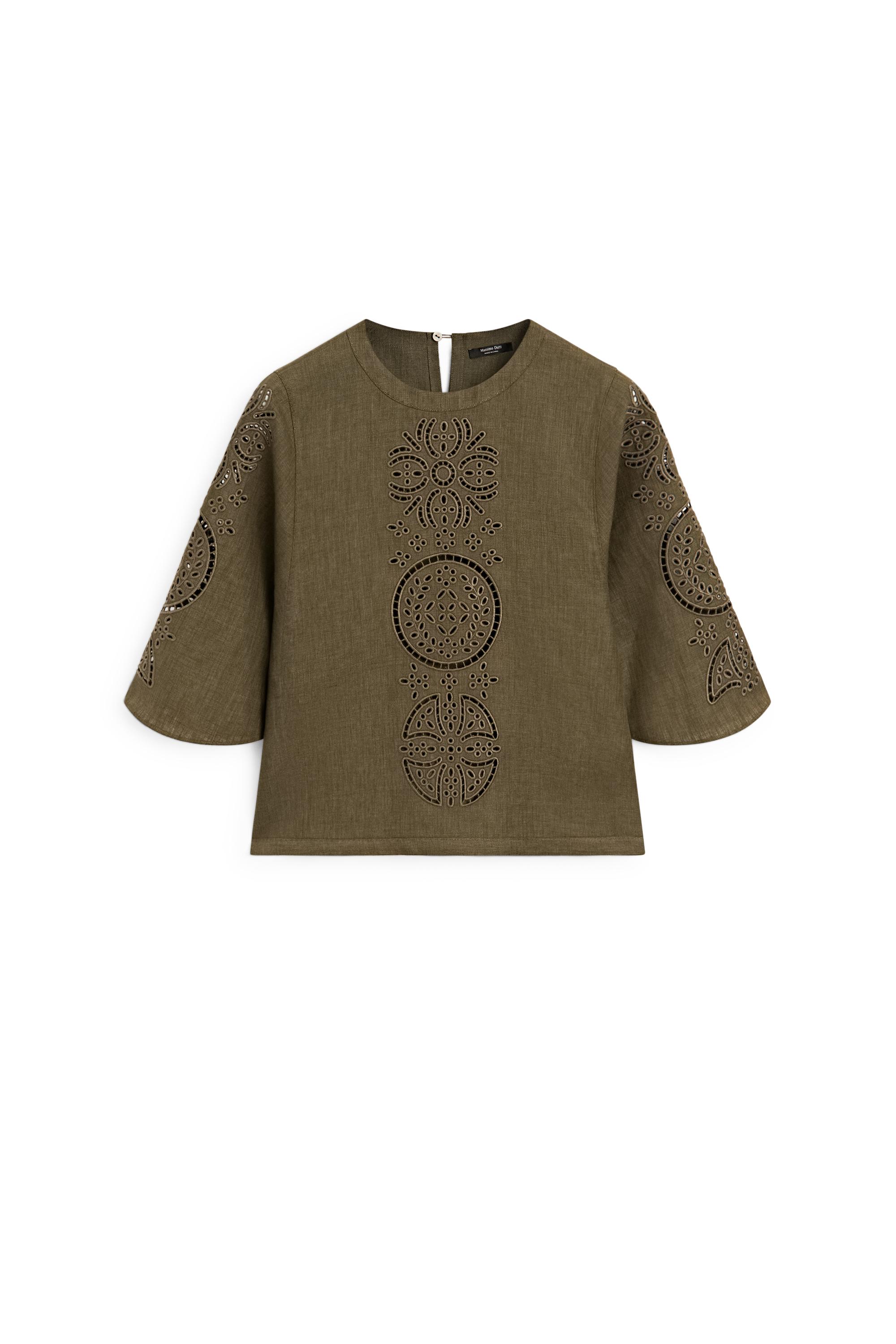 Linen blend blouse with embroidered details — GREEN
