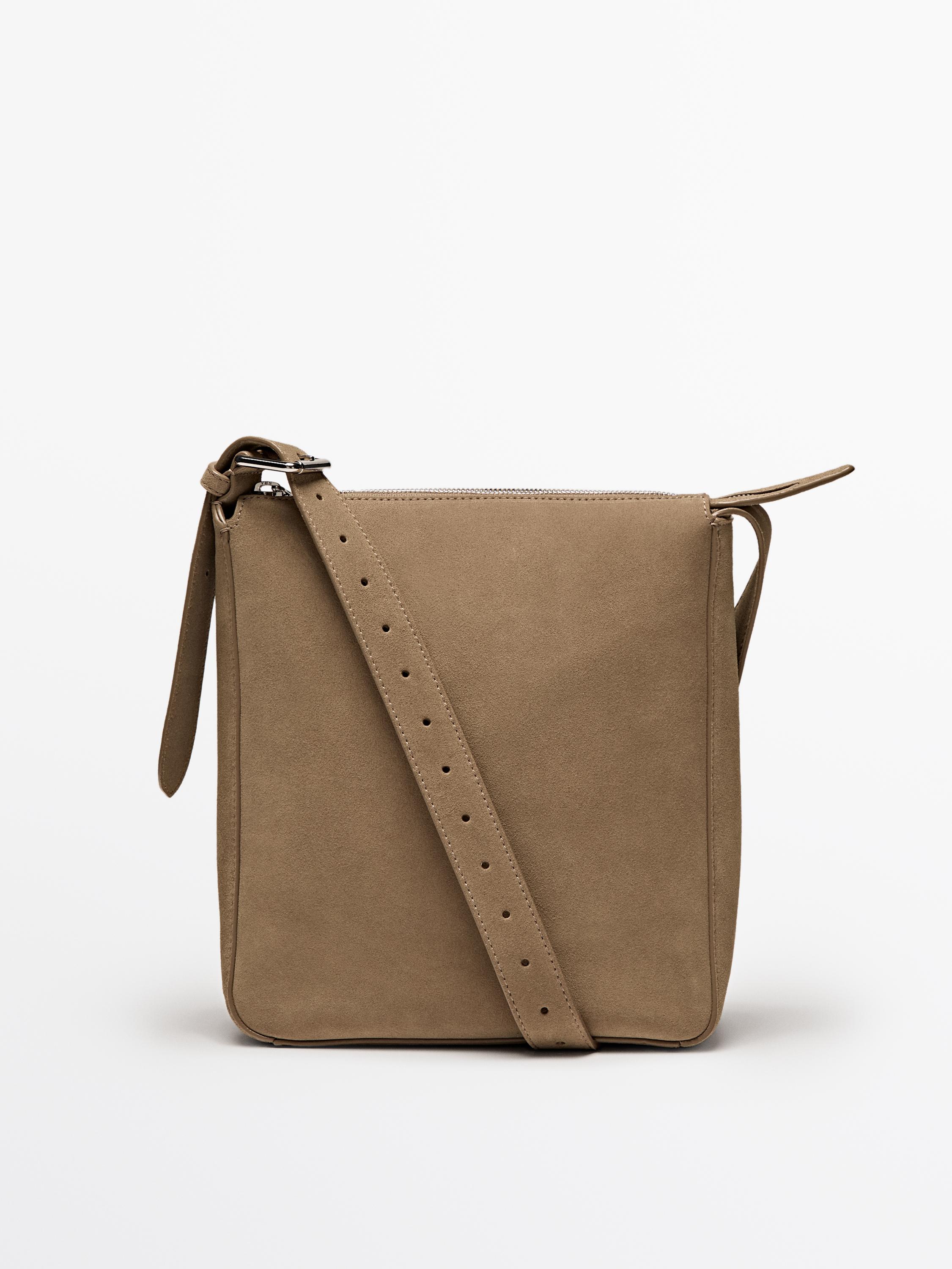 Adjustable Split Leather Crossbody Bag Sand 01 Massimo Dutti Women