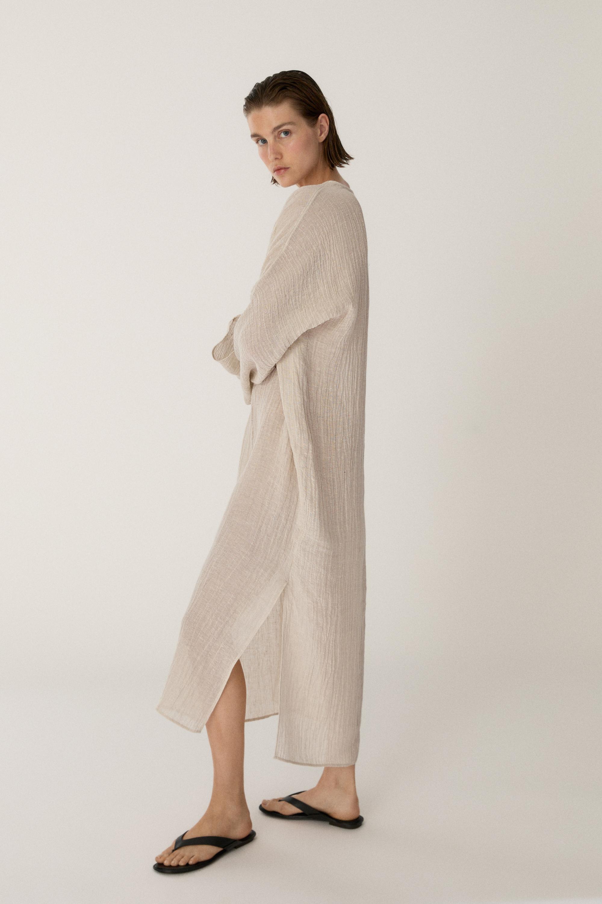 Linen blend kaftan dress with tied neckline — Off white