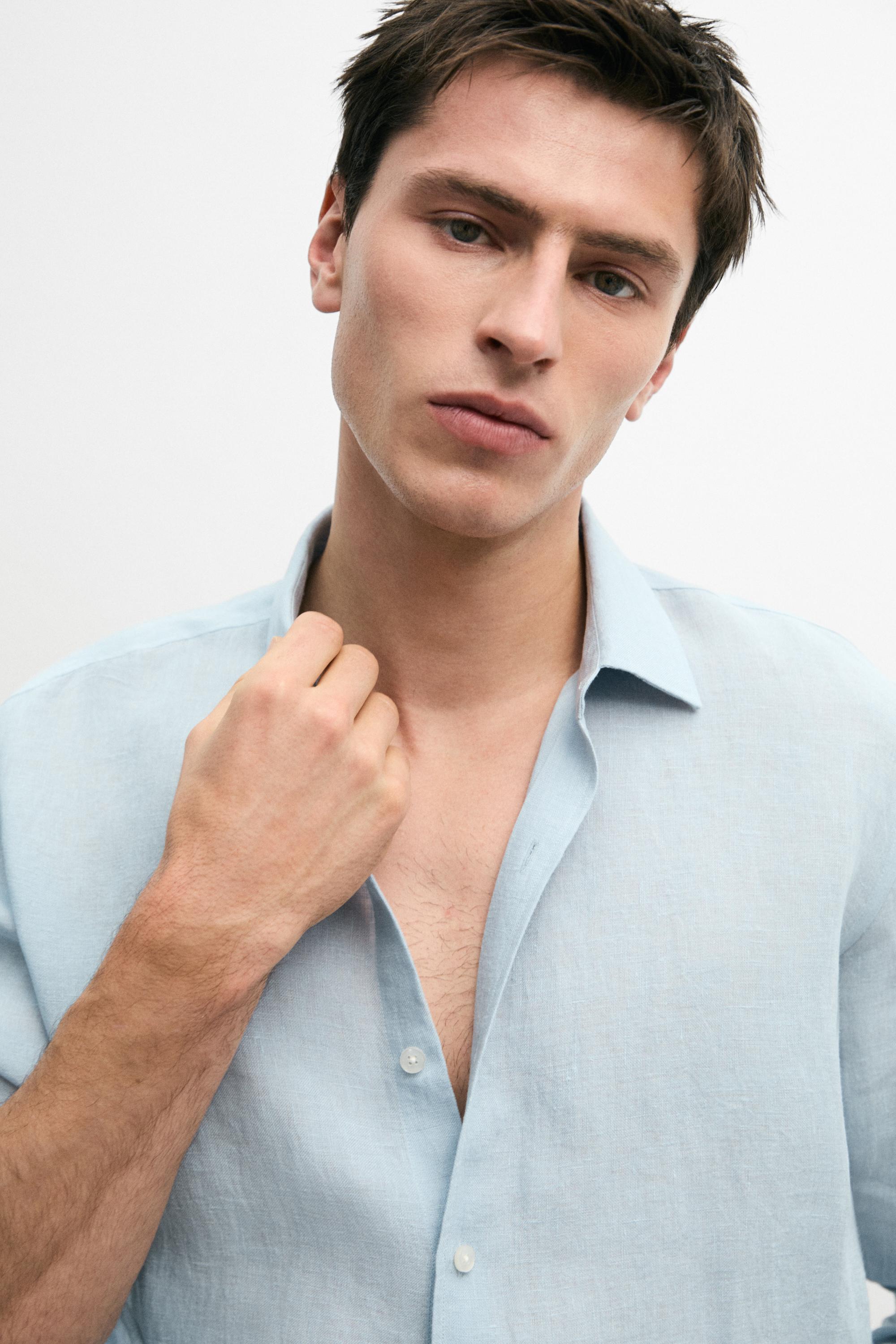 Textured 100% linen regular fit shirt — BLUE