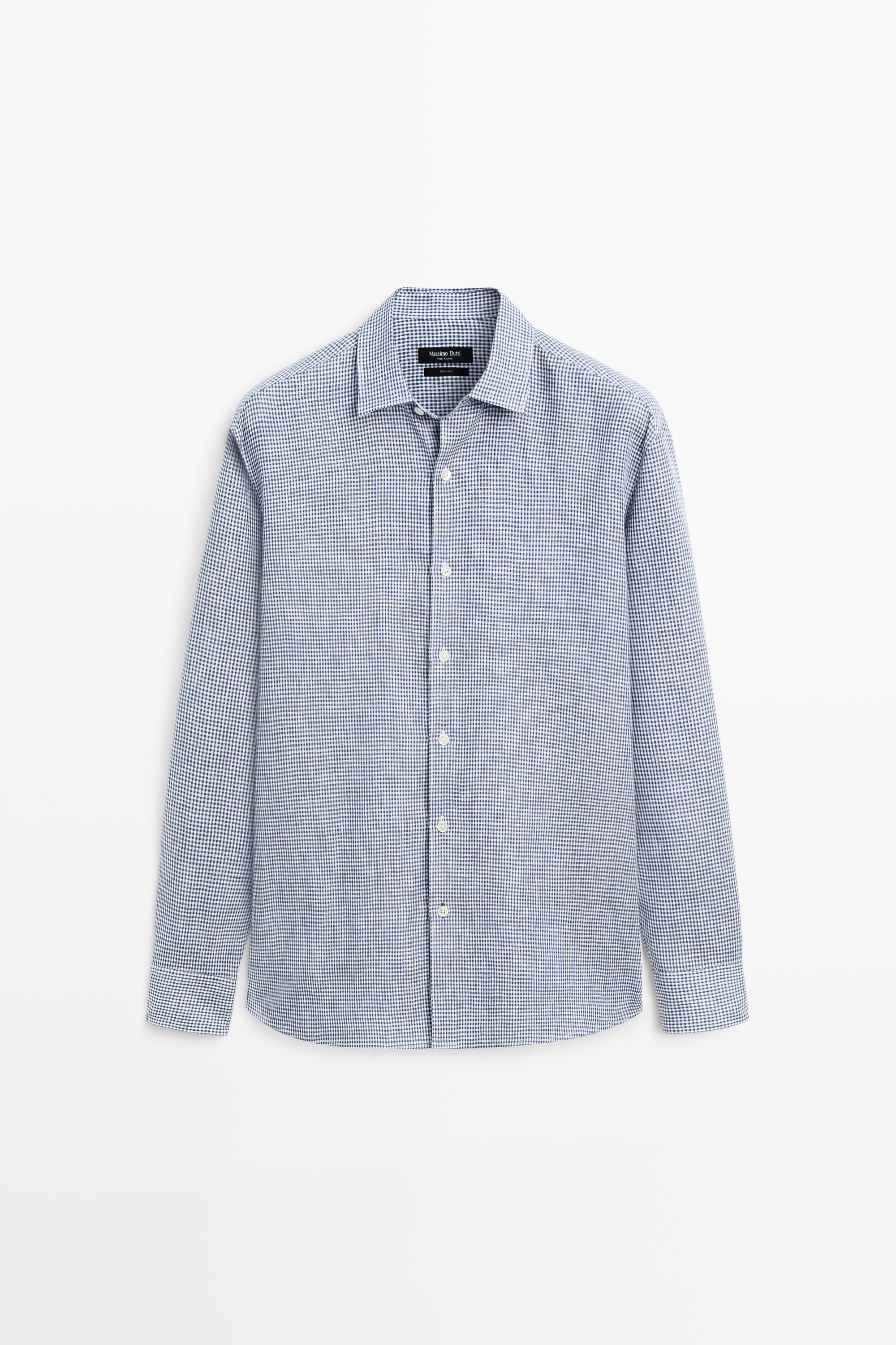 100% linen regular fit gingham shirt — NAVY BLUE