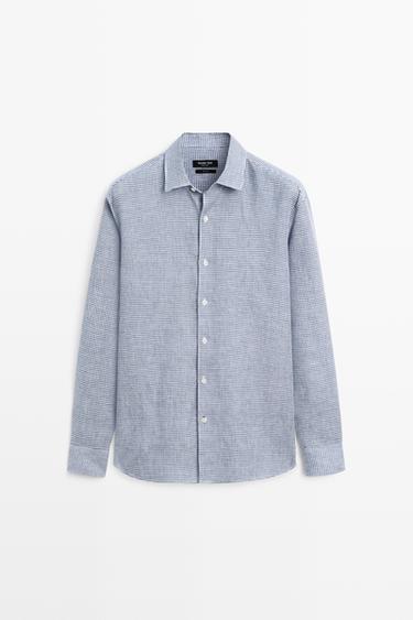 100% linen regular fit gingham shirt — NAVY BLUE 2