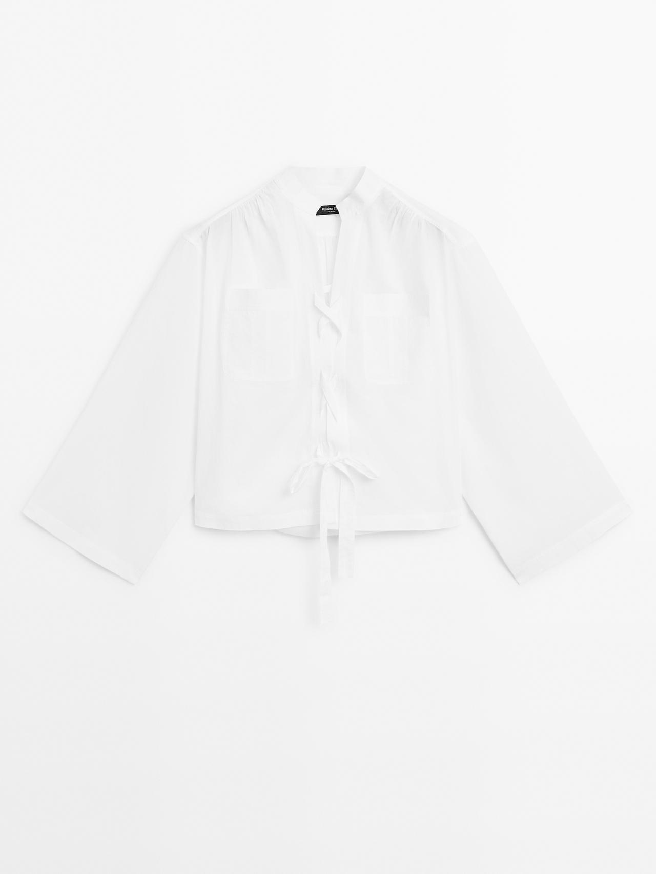 Massimo Dutti - Dame - Bluse Med Ståkrave Og Bindedetalje - Hvid - M