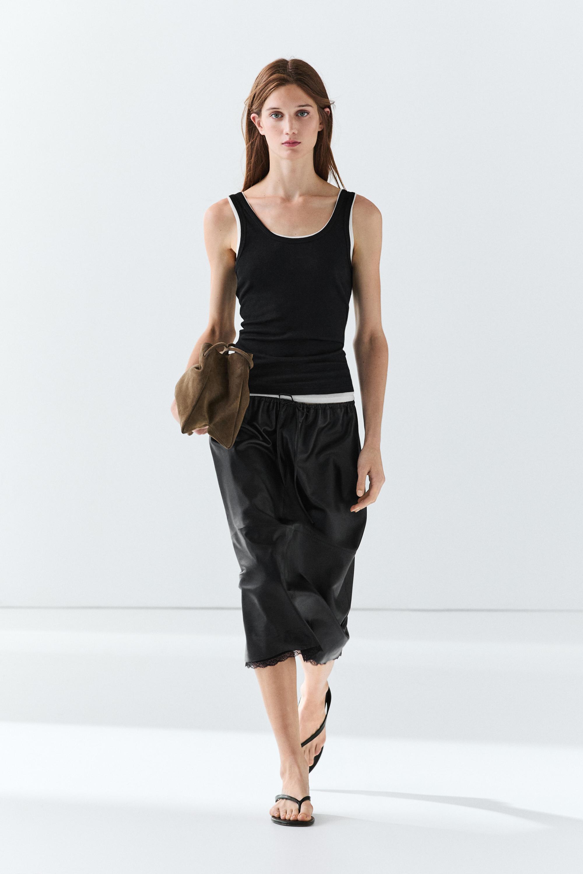 Cotton blend ribbed double-layer top — BLACK