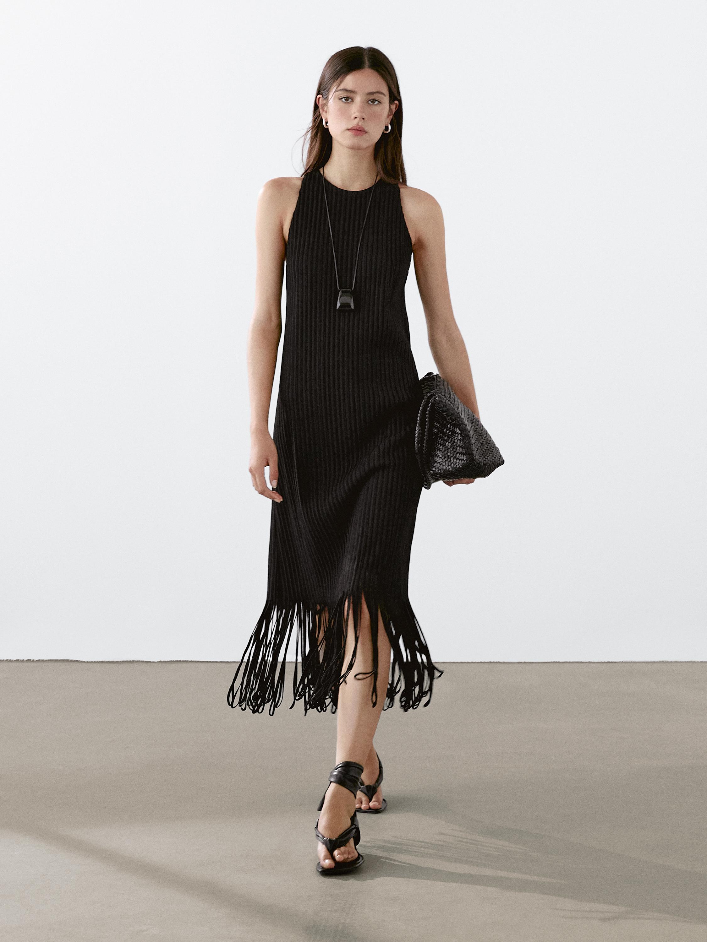 Textured knit dress with fringed hem