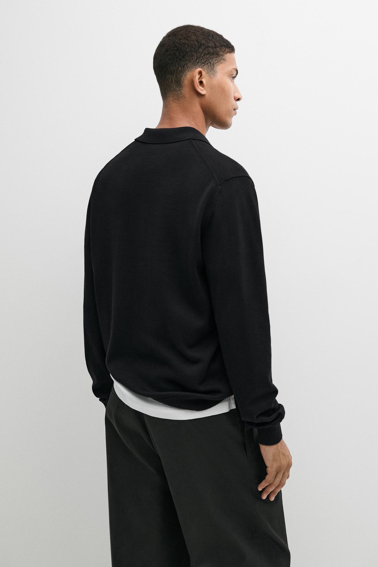 100% cotton knit polo sweater — BLACK