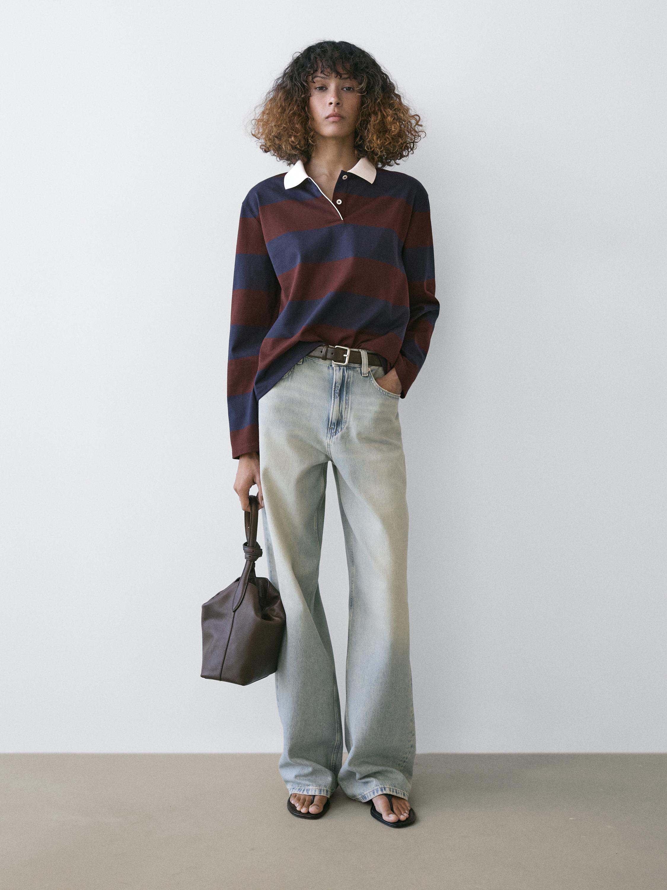 Striped long sleeve cotton polo shirt