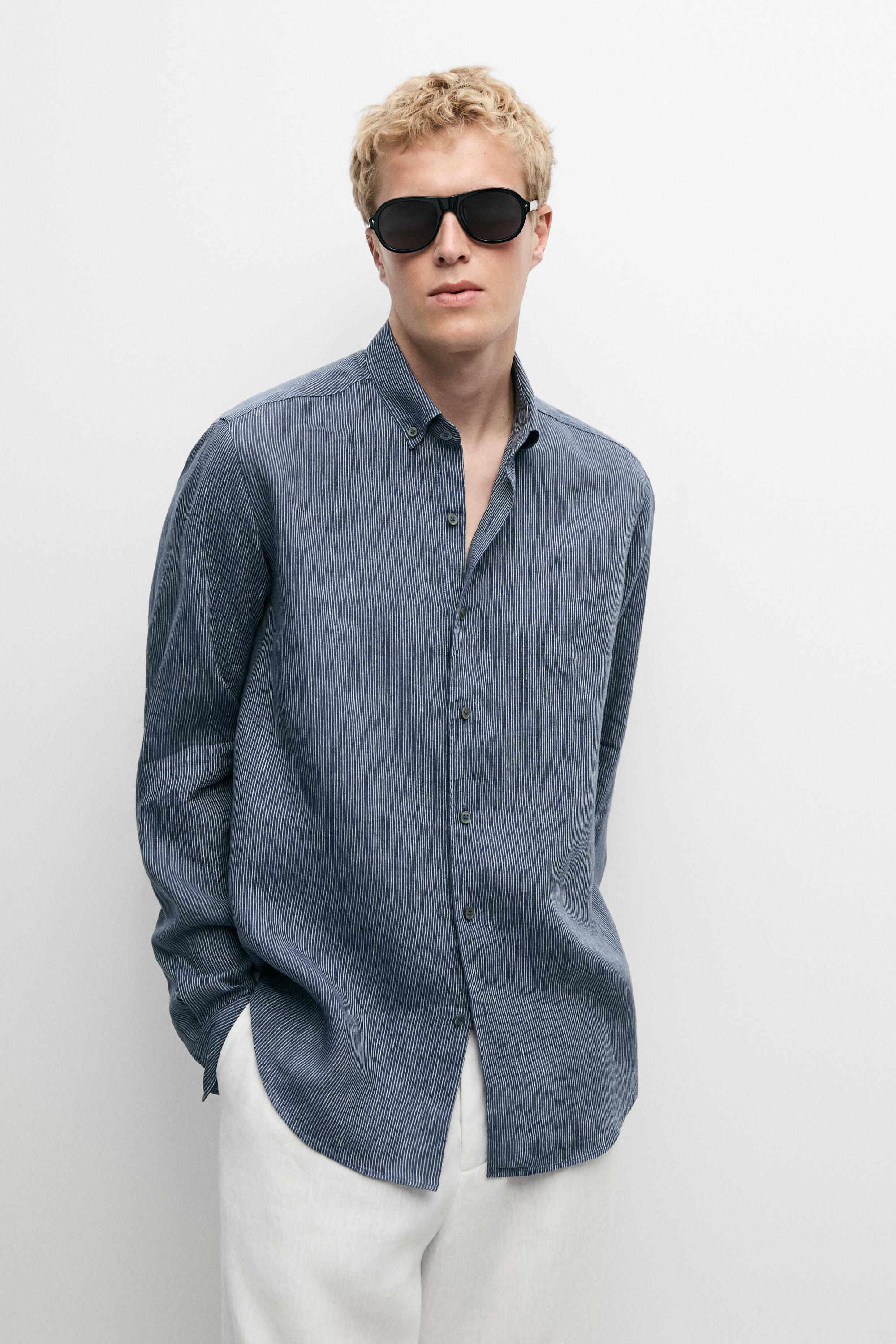 100% linen pinstriped regular fit shirt — NAVY BLUE