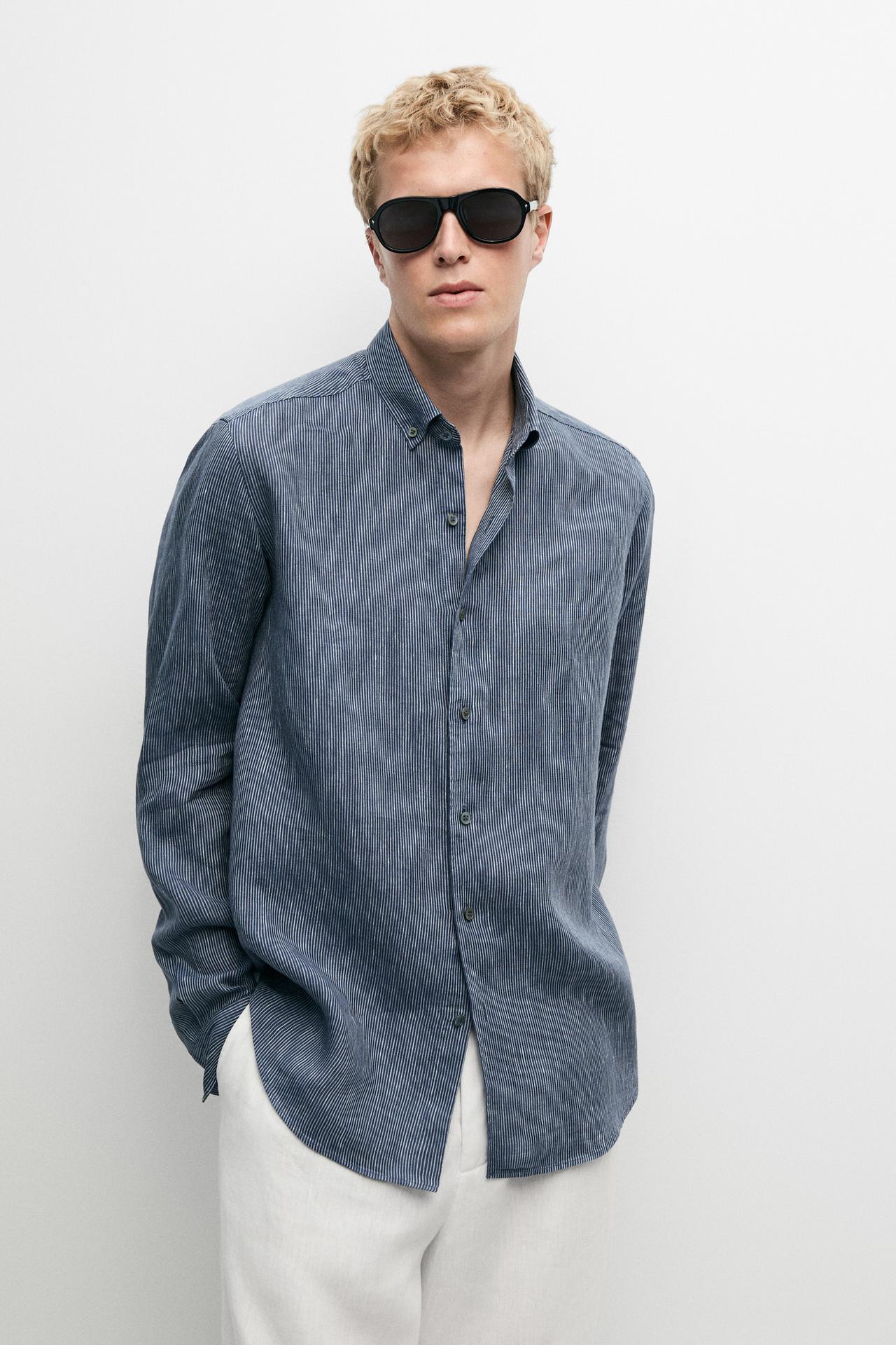 100% linen pinstriped regular fit shirt — NAVY BLUE