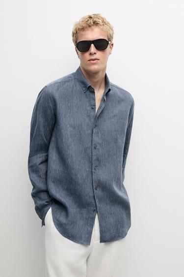 100% linen pinstriped regular fit shirt — NAVY BLUE 3
