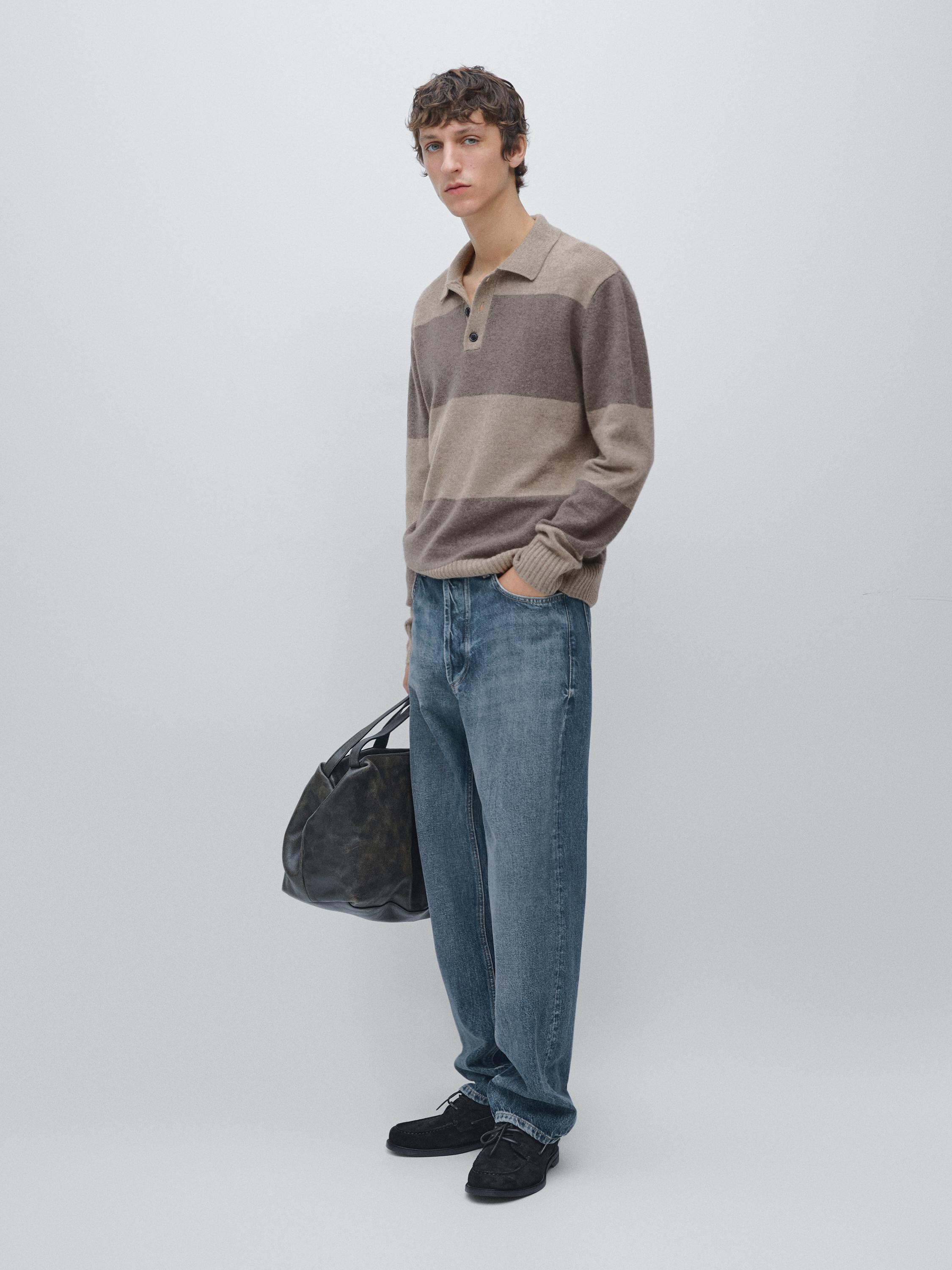 Striped wool blend knit polo sweater