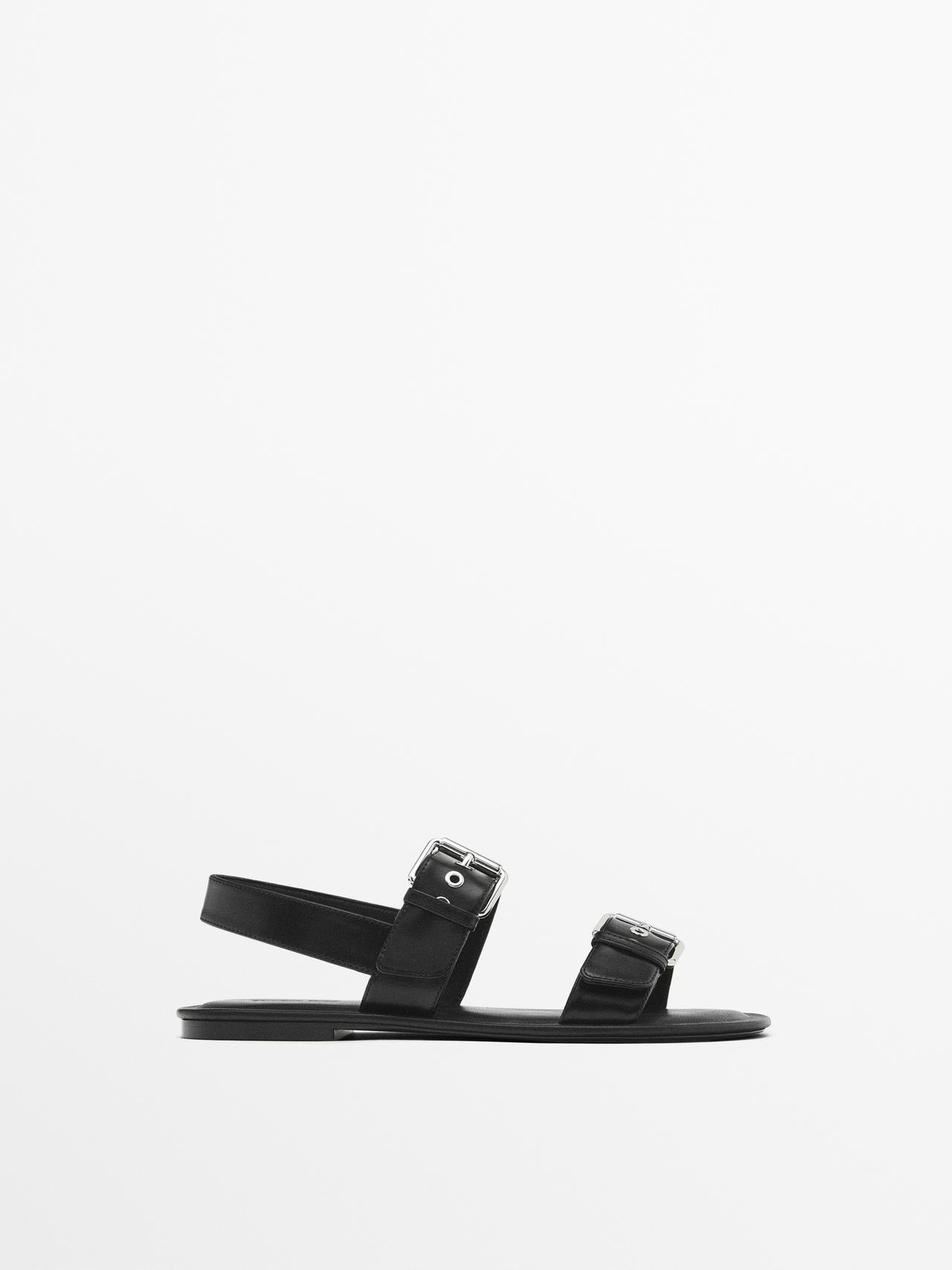 Massimo Dutti - Dame - Flade Stik-I-Sandalermed Spænder - Sort - 35