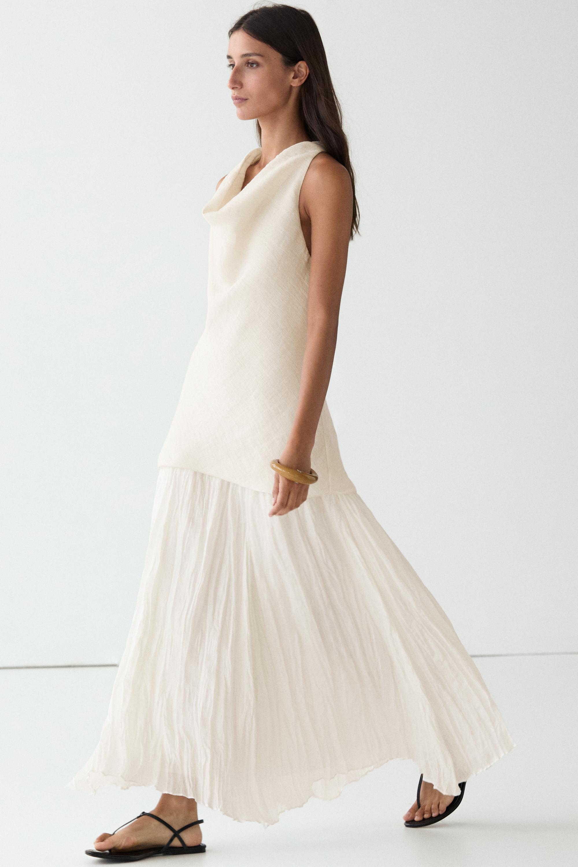 Combined flowing pleated linen dress — Off white