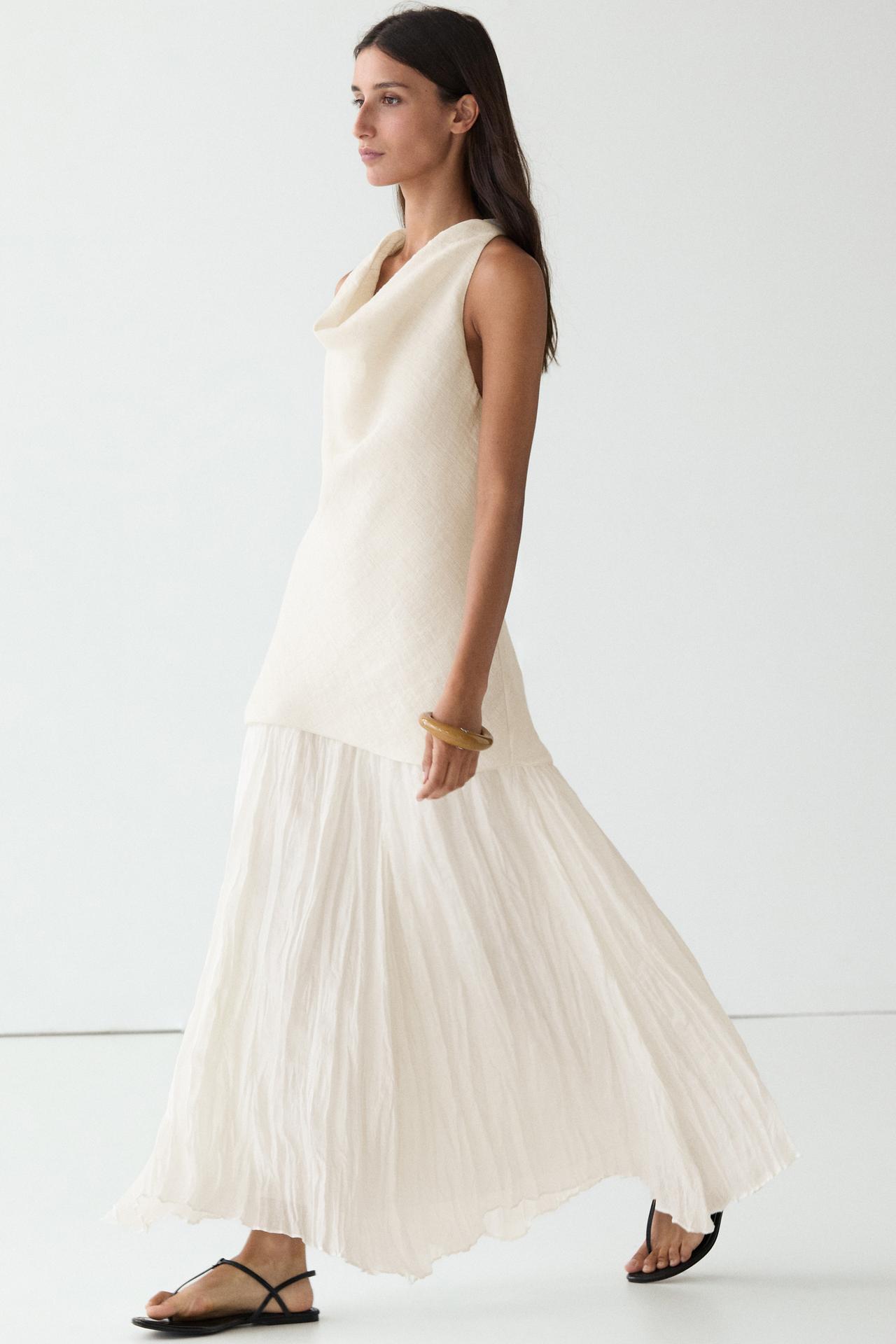 Combined flowing pleated linen dress — Off white