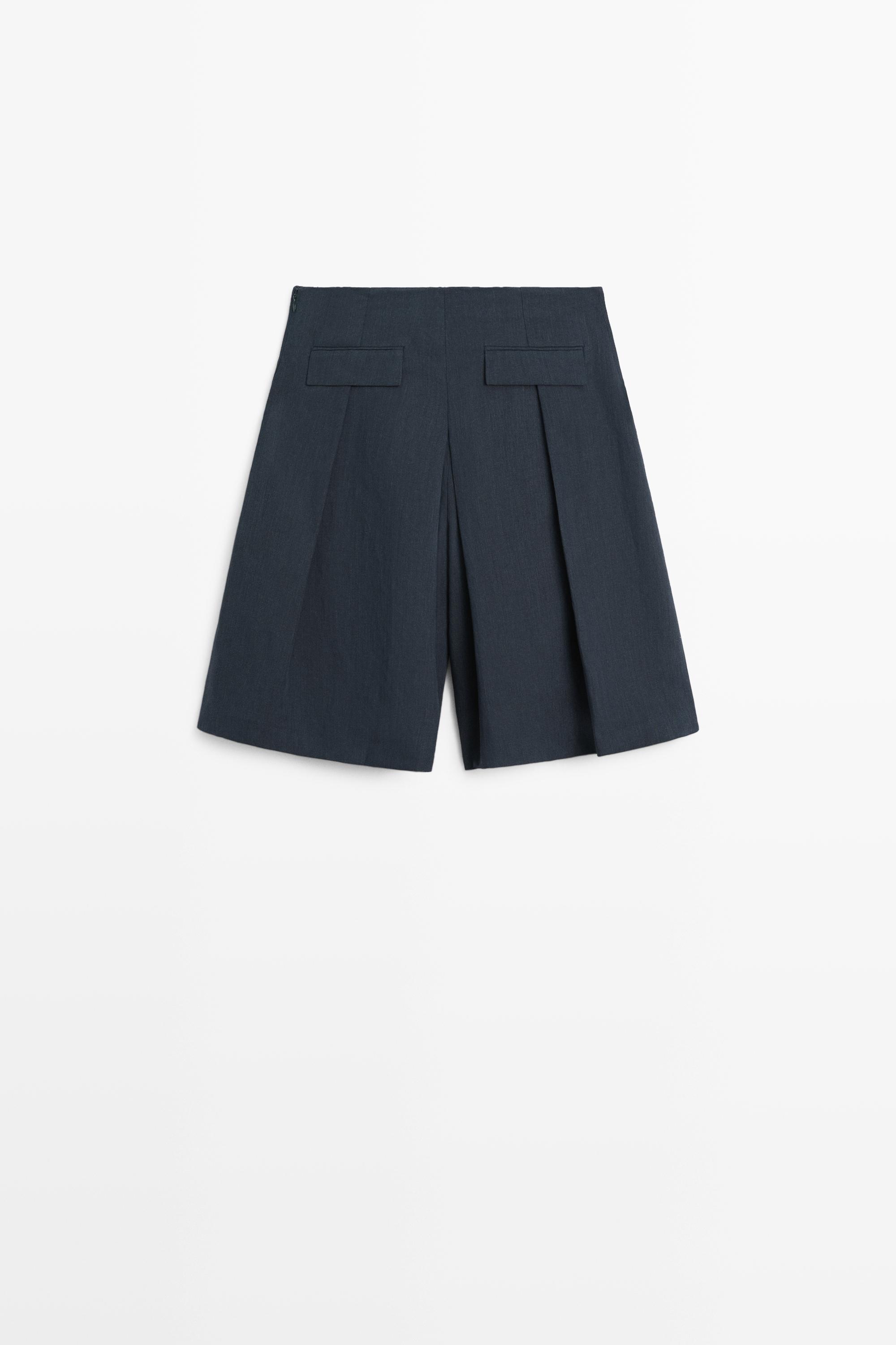Linen blend Bermuda shorts with pleats — BLUE
