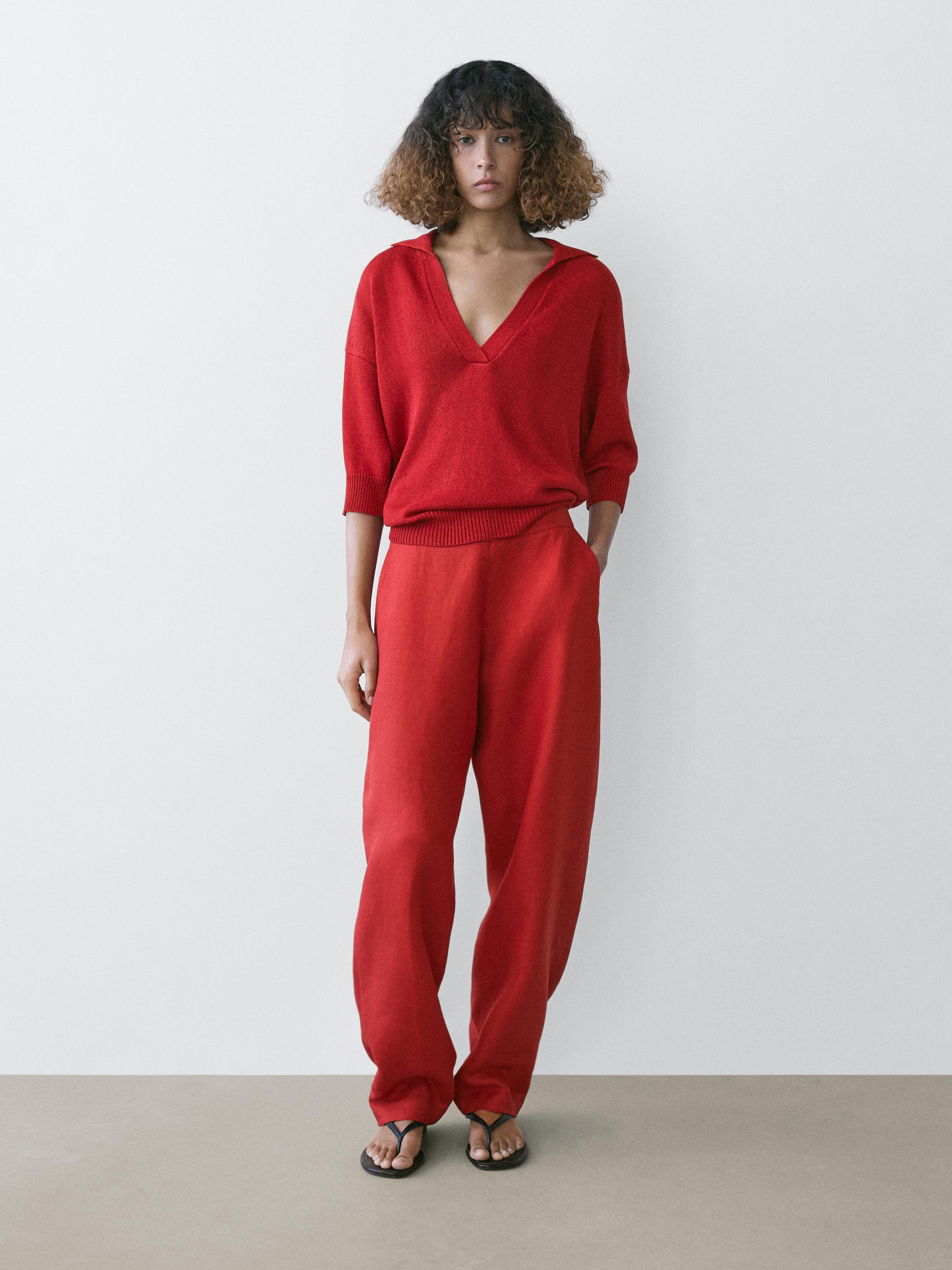 Flowing knit polo sweater — RED