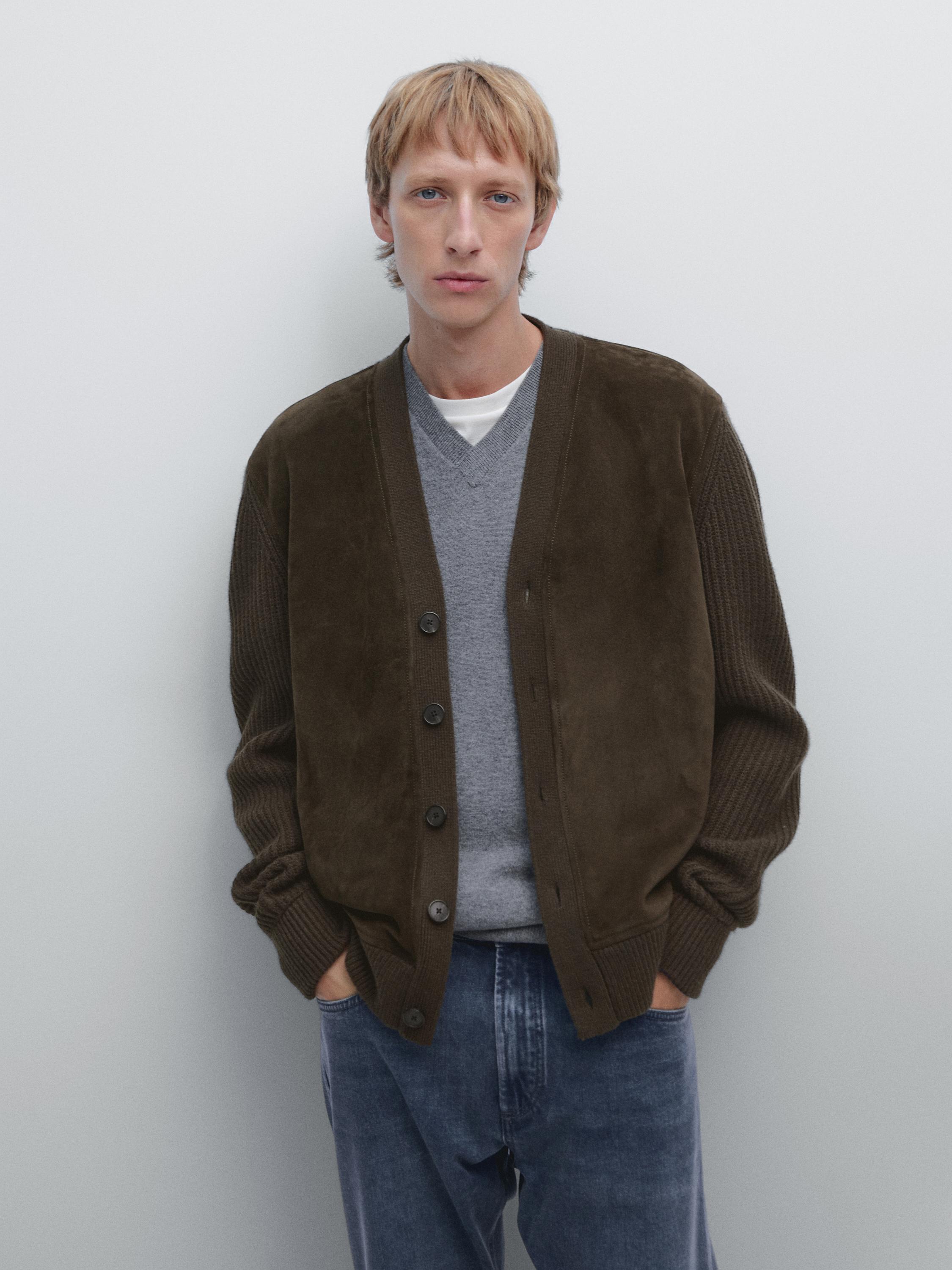 Pleteni kardigan od mješavine vune i kože