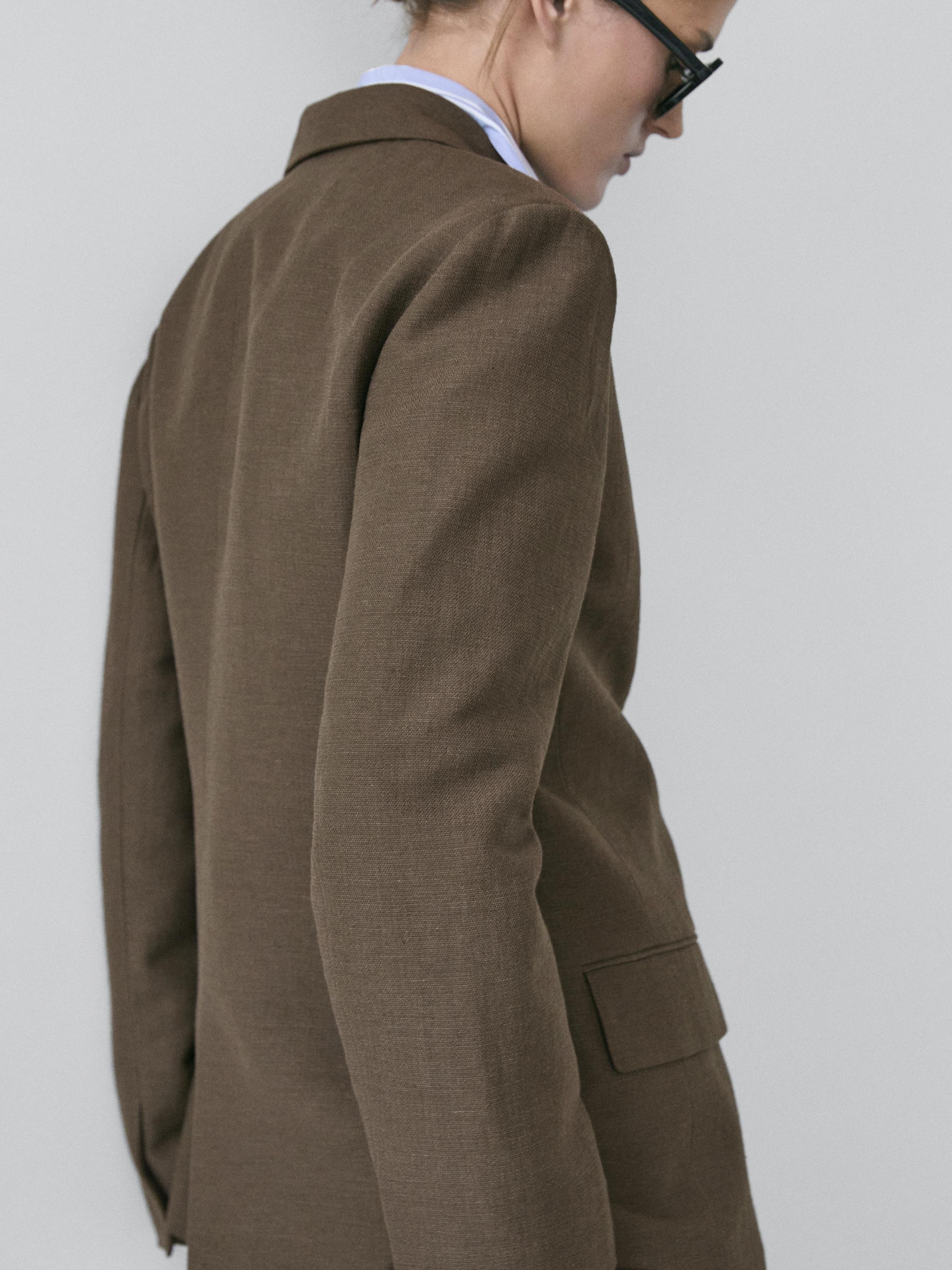 Double-breasted cotton blend blazer with tie detail — DARK GREEN
