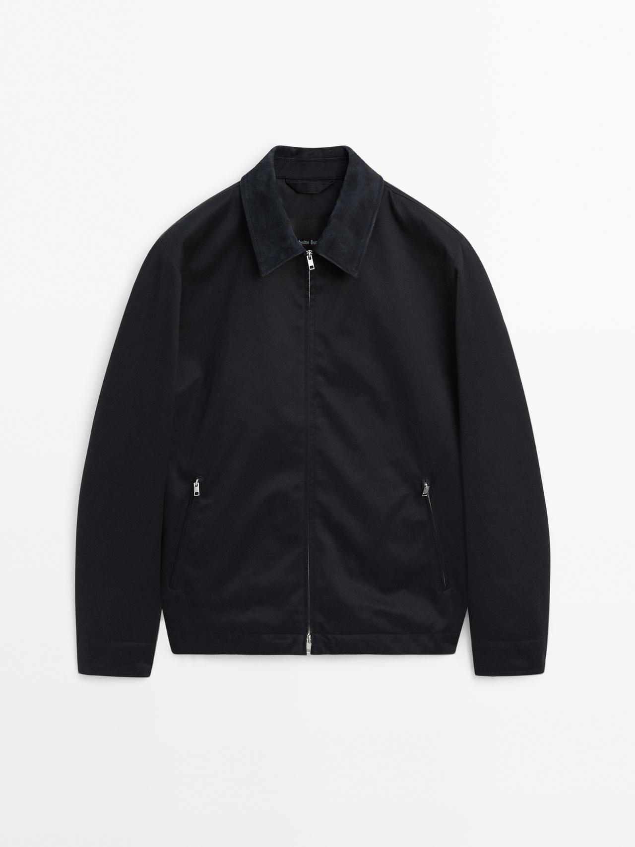 Massimo Dutti - Herre - Bomuldsjakke Med Krave I Skind - Marineblå - M