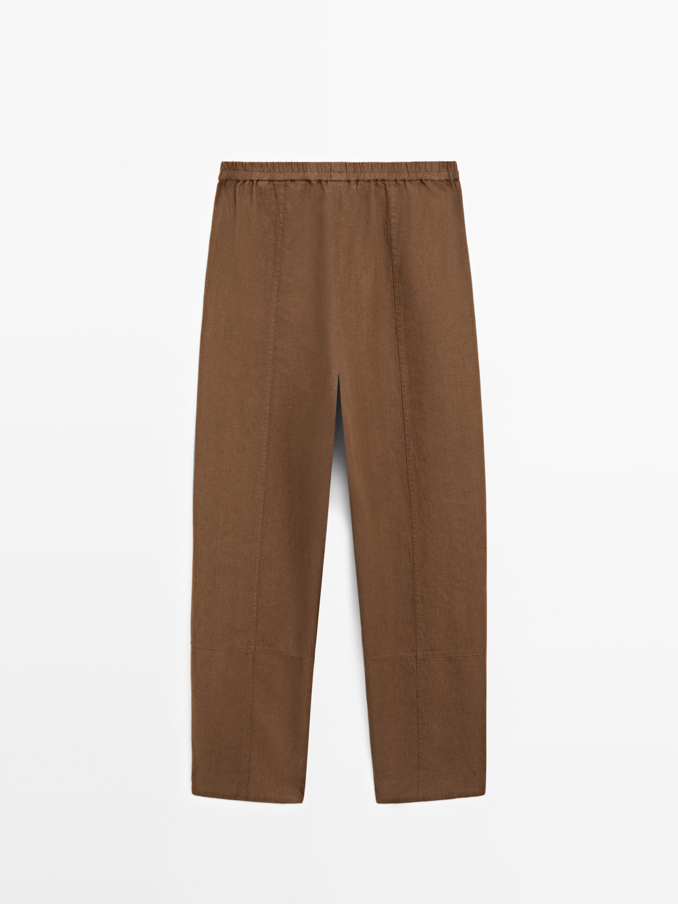 Linen pants with elastic waistband detail — BROWN