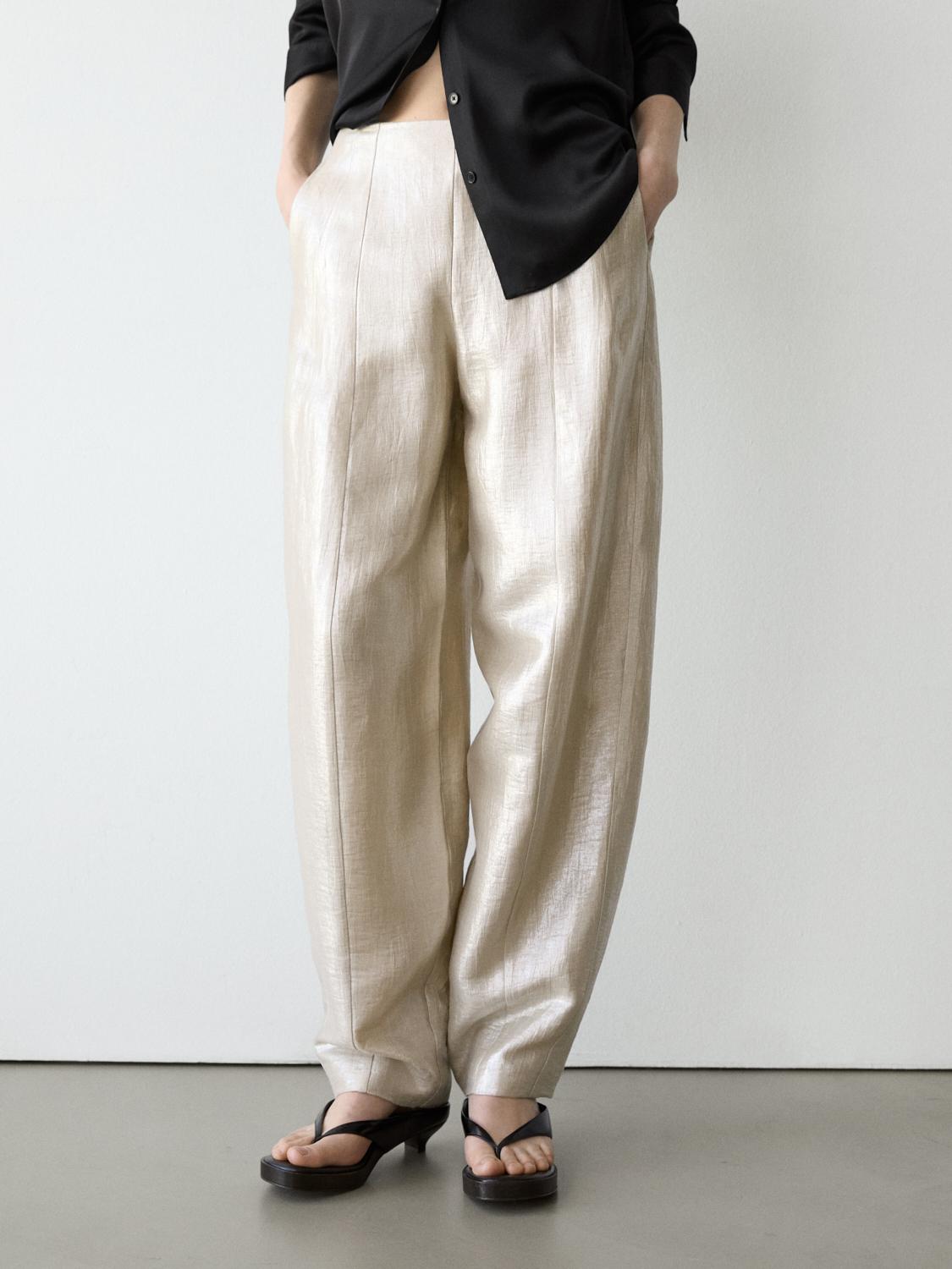 Flowing metallic linen trousers — BEIGE