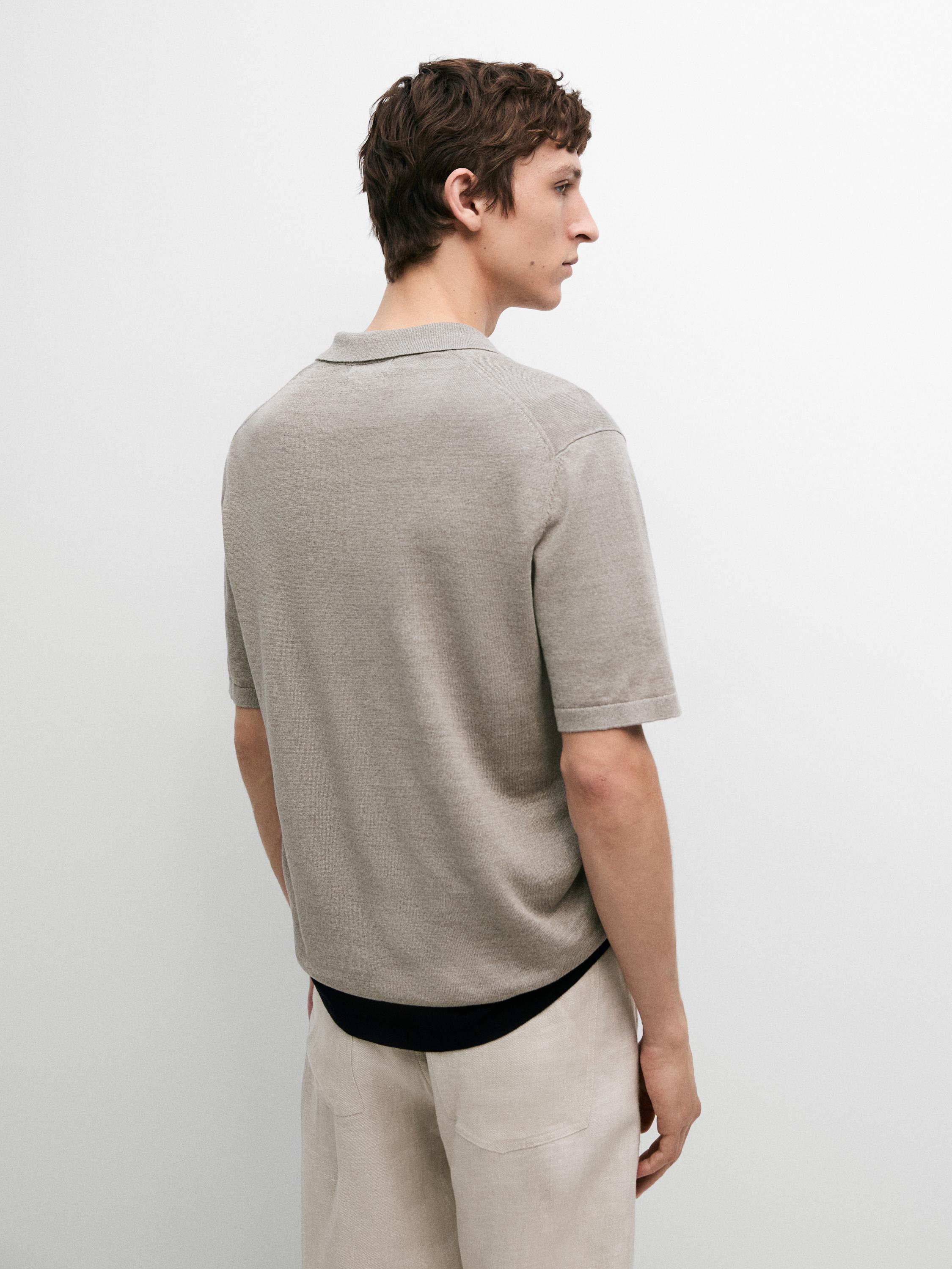 Linen V-neck polo sweater — NATURAL GREY