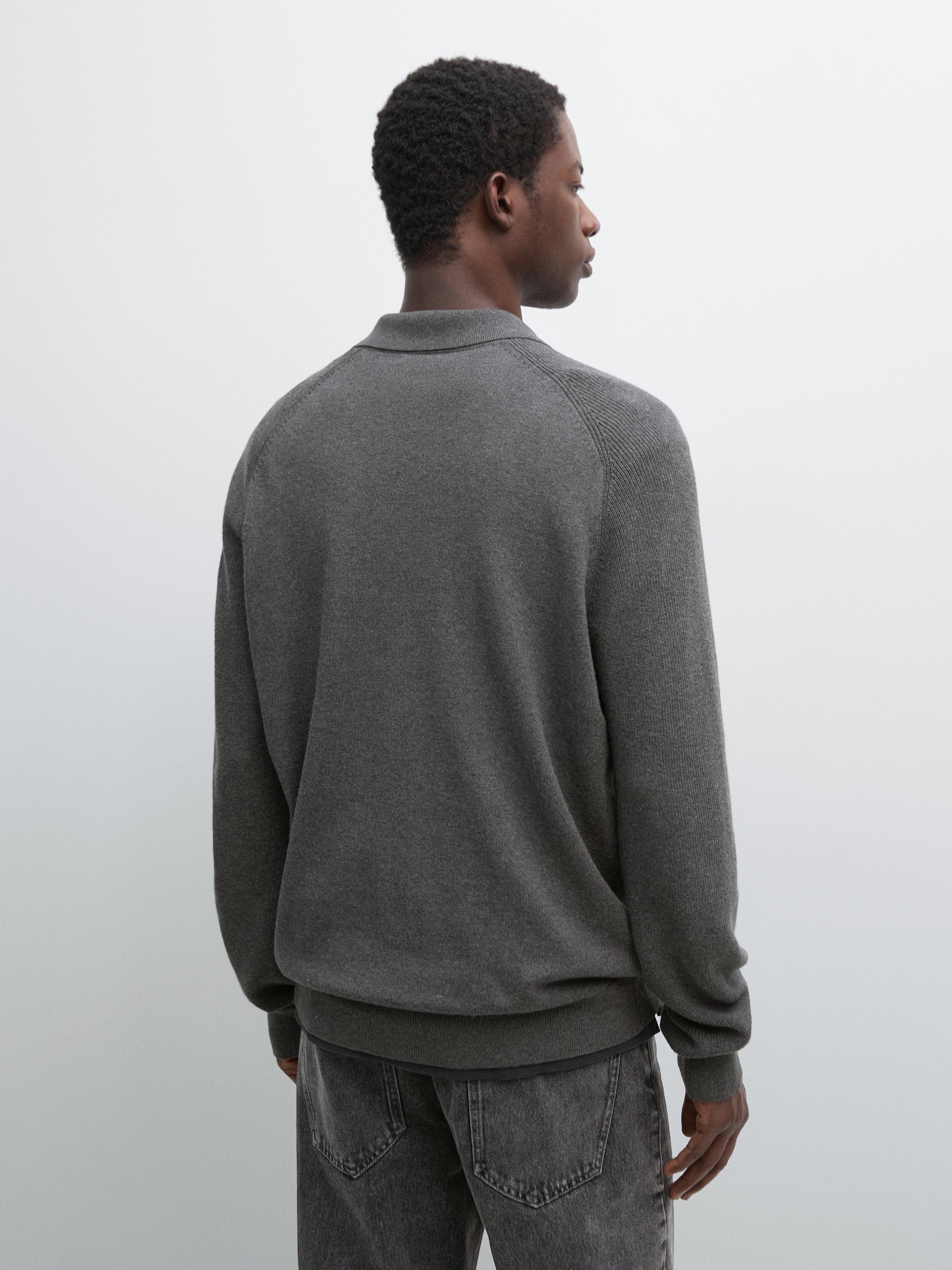 Cotton blend knit polo sweater — MEDIUM GREY