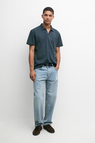Micro-textured V-neck piqué polo shirt — DARK BLUE 1