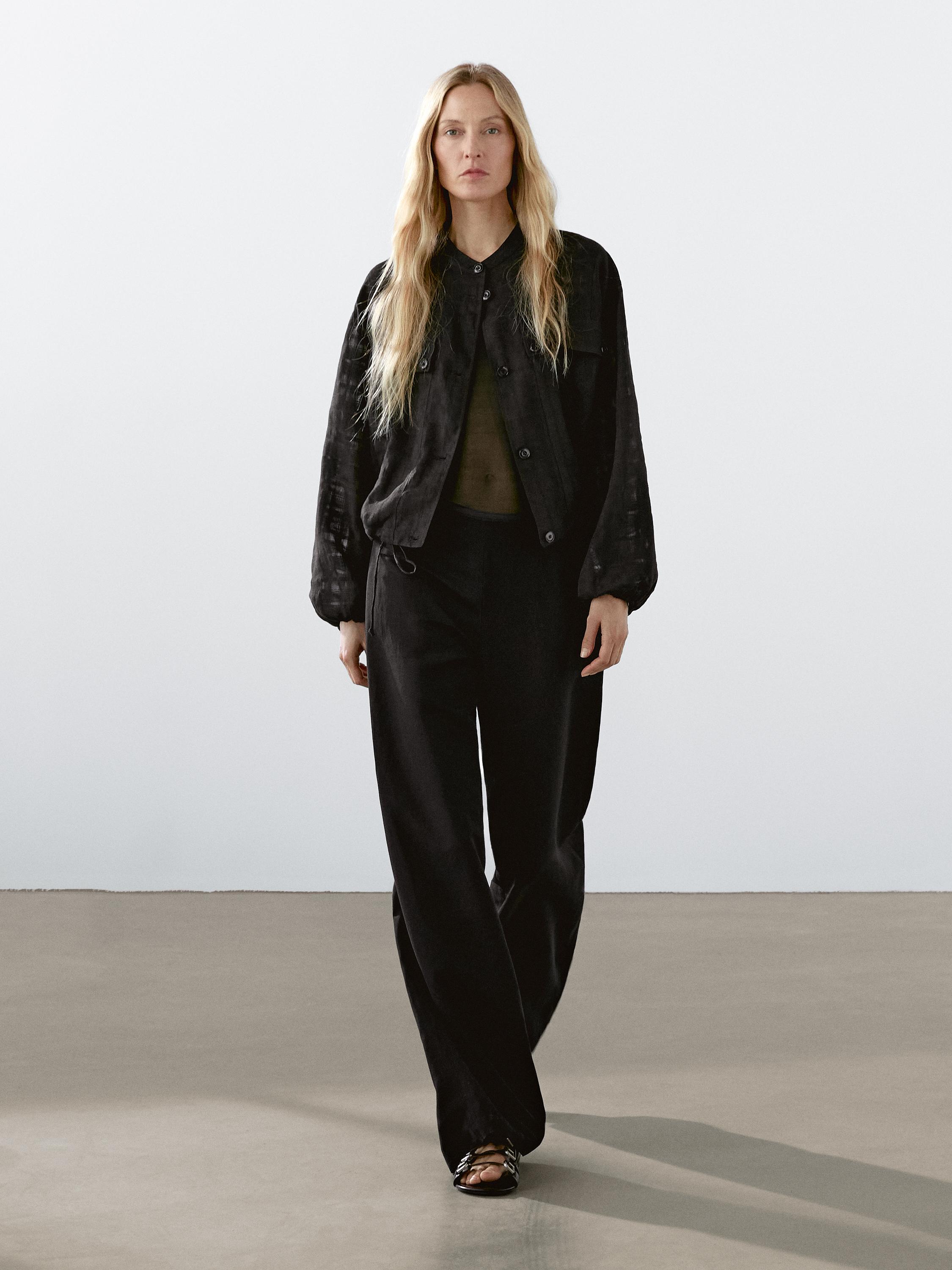 Pantalón cintura elástica con lino · Negro, Chocolate · Pantalón