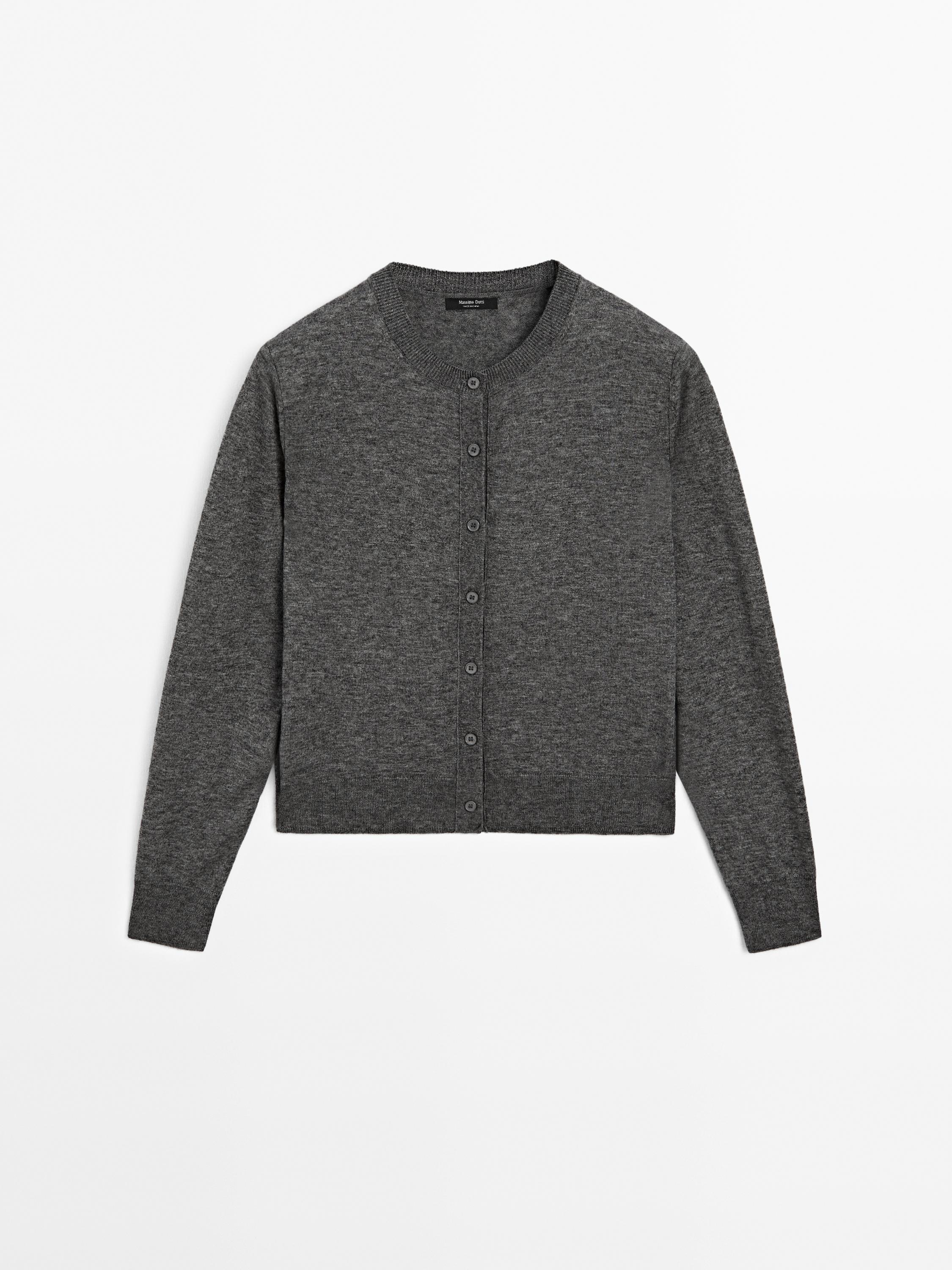 Wool blend knit cardigan with crew neck