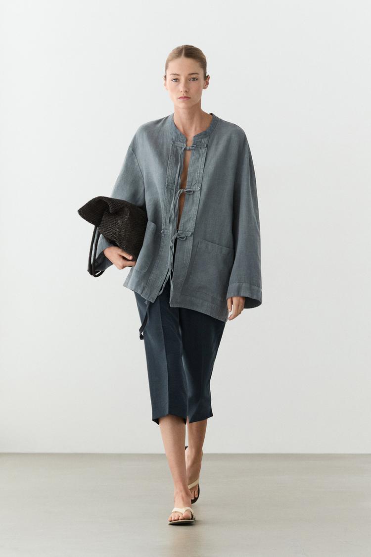 100% linen wrap jacket with tie detail — BLUE