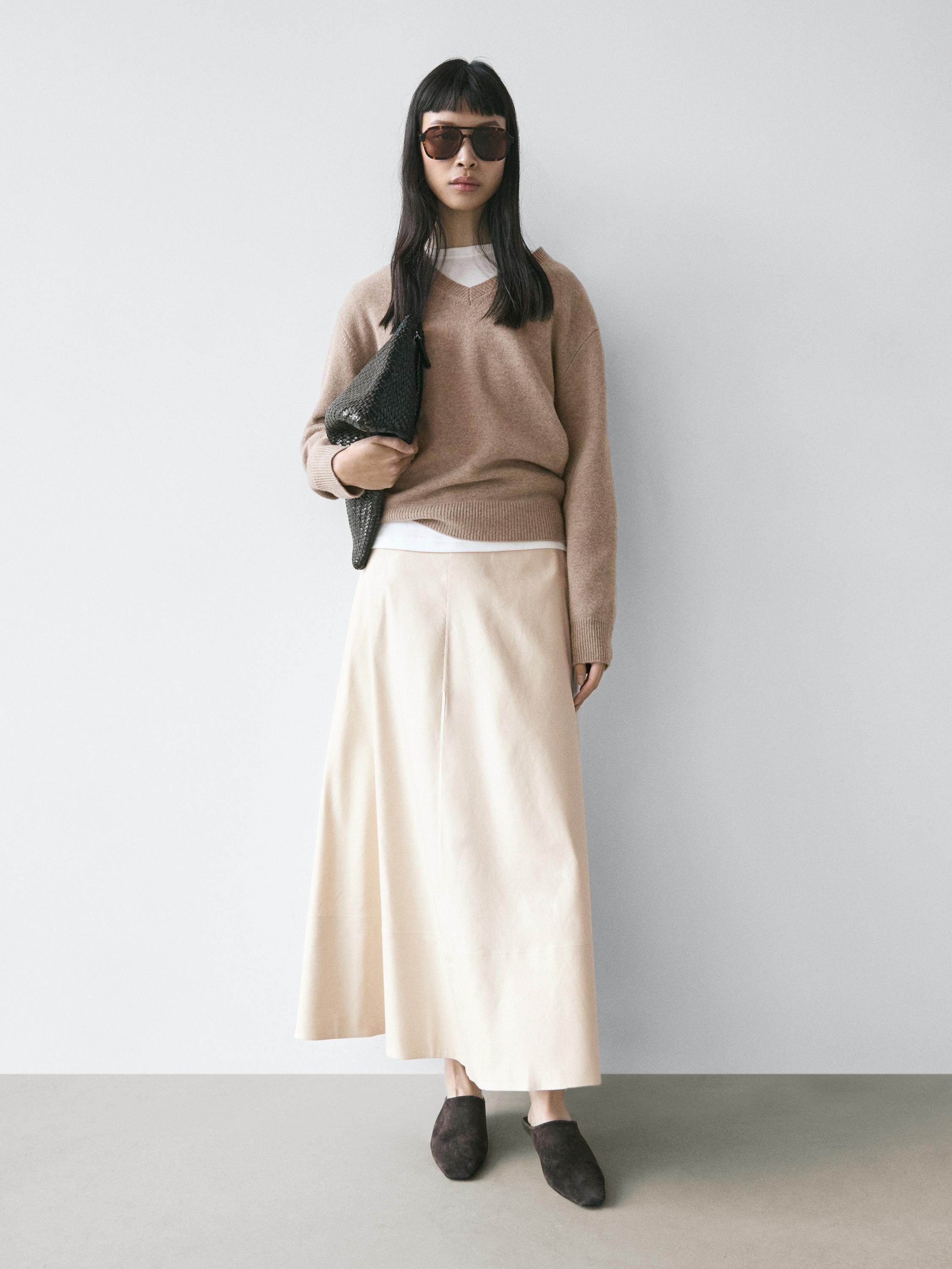 Linen blend flared skirt with pocket — CREAM