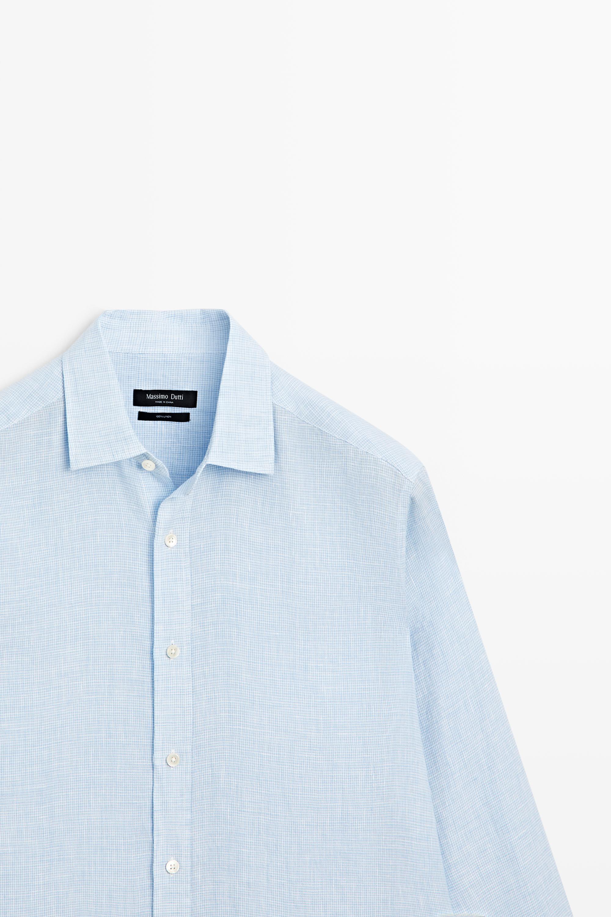 100% linen regular fit check shirt — Sky blue