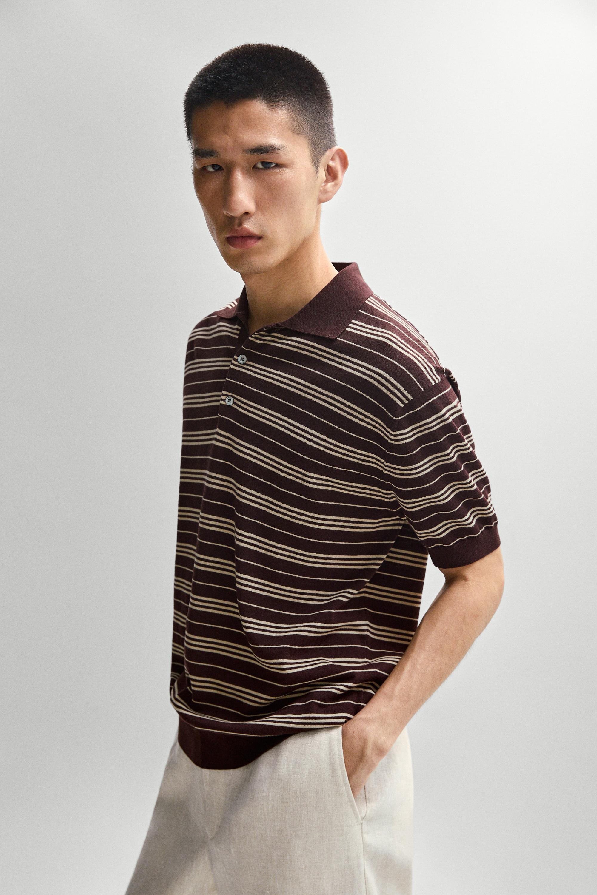 100% Cotton Striped Knit Polo Sweater — BURGUNDY