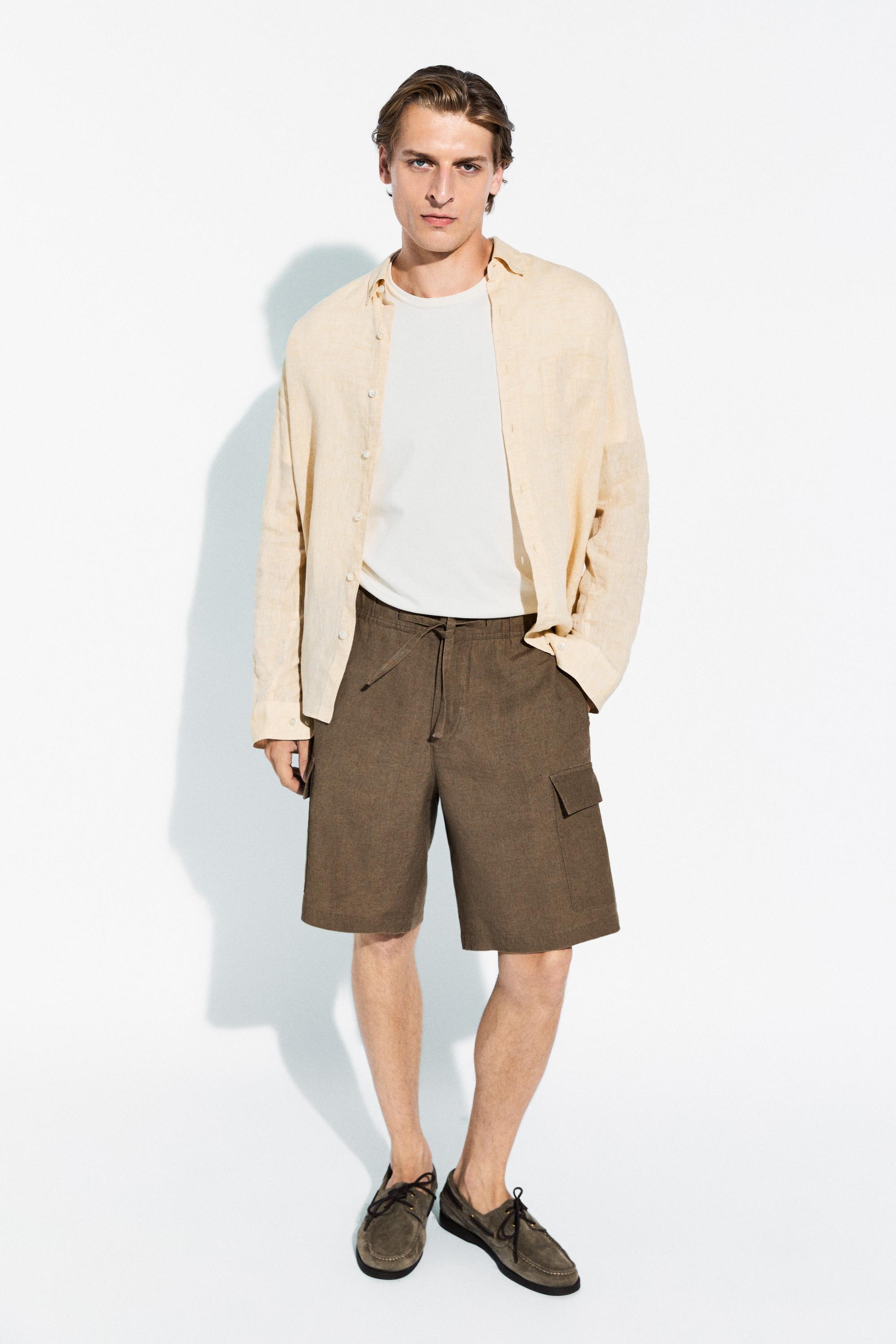 100% linen cargo Bermuda shorts — KHAKI