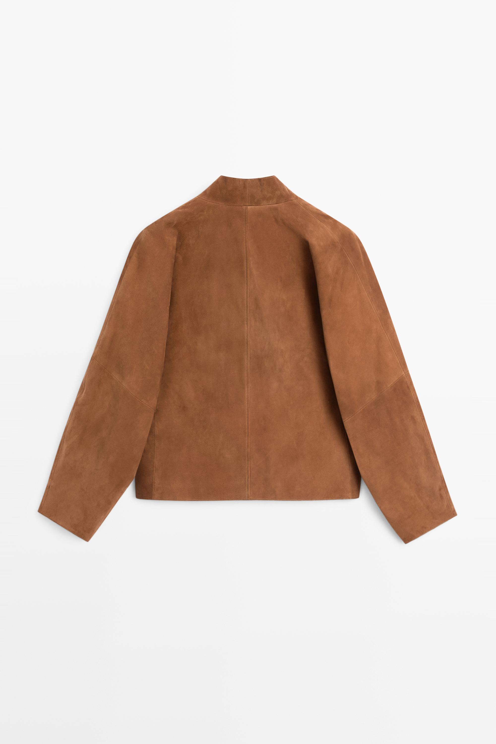 Suede leather V-neck jacket · Camel · Bomberâ Jacket | Massimo Dutti
