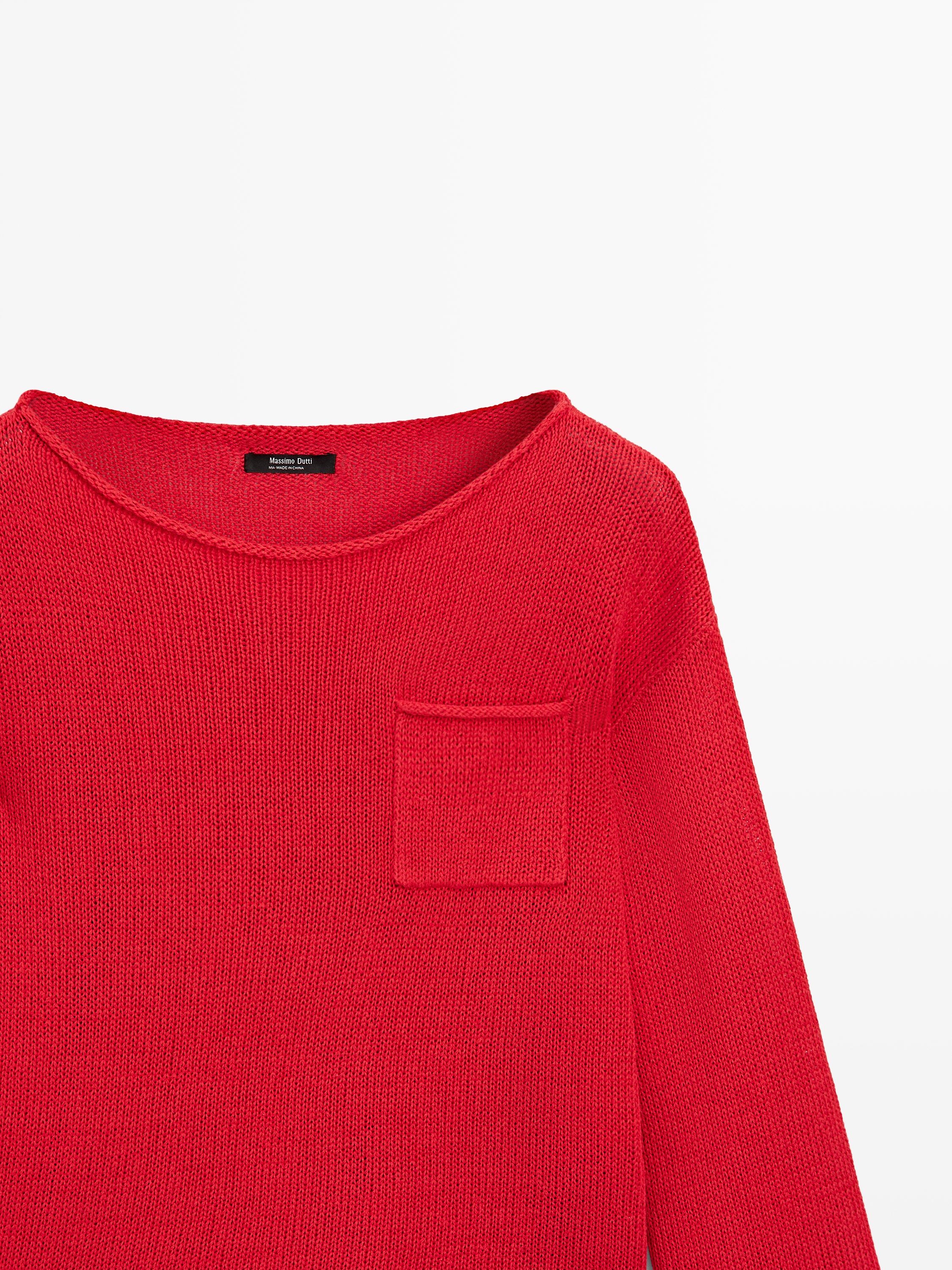 Cotton and linen knit sweater with pocket detail — RED