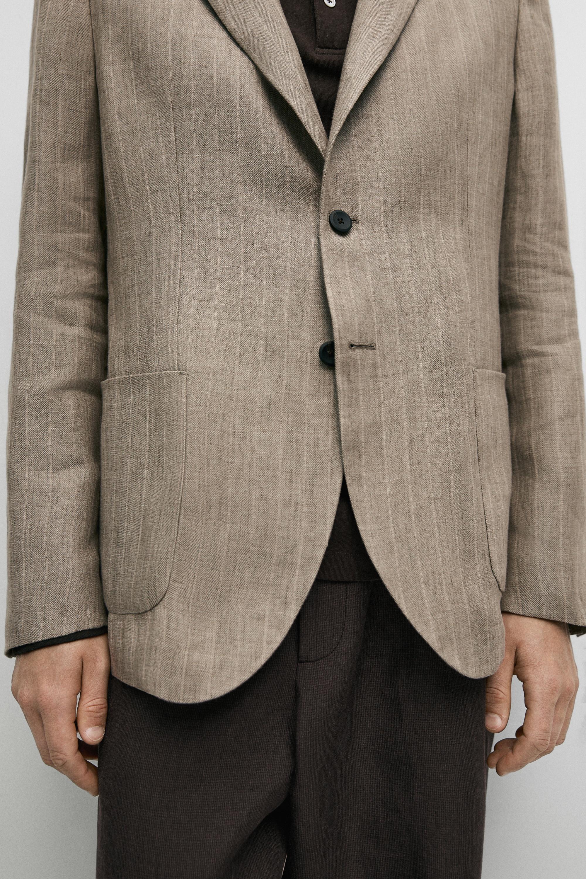 Linen herringbone stripe blazer — BEIGE