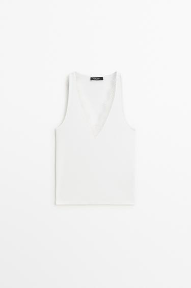 V-neck lace trim camisole top — CREAM 2