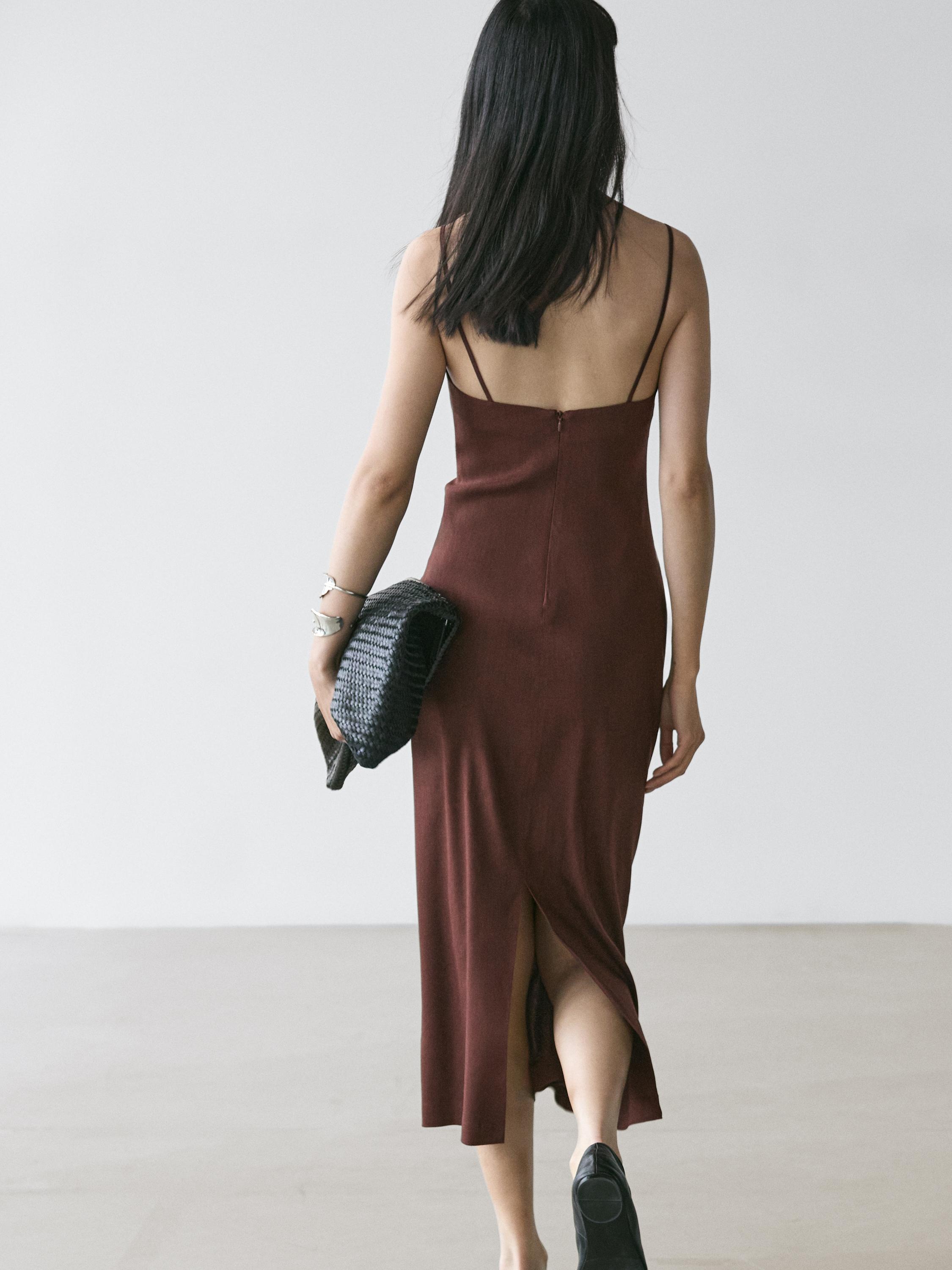 massimo dutti brown dress Massimo Dutti Asymmetric Ruched MIDI Dress Maxi dress, Women's, Size: Medium, Dark brown