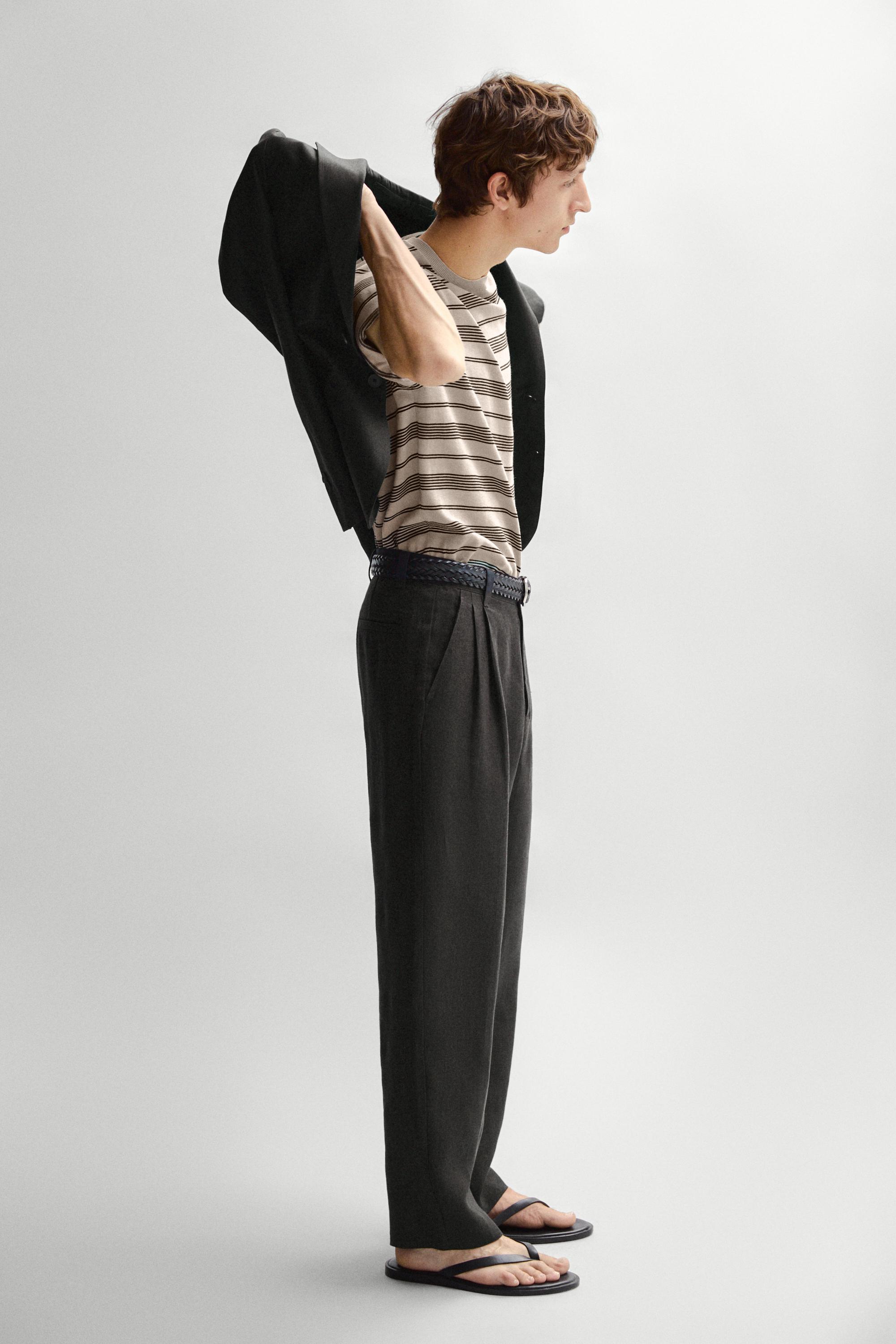 100% linen trousers with double darts — BLACK