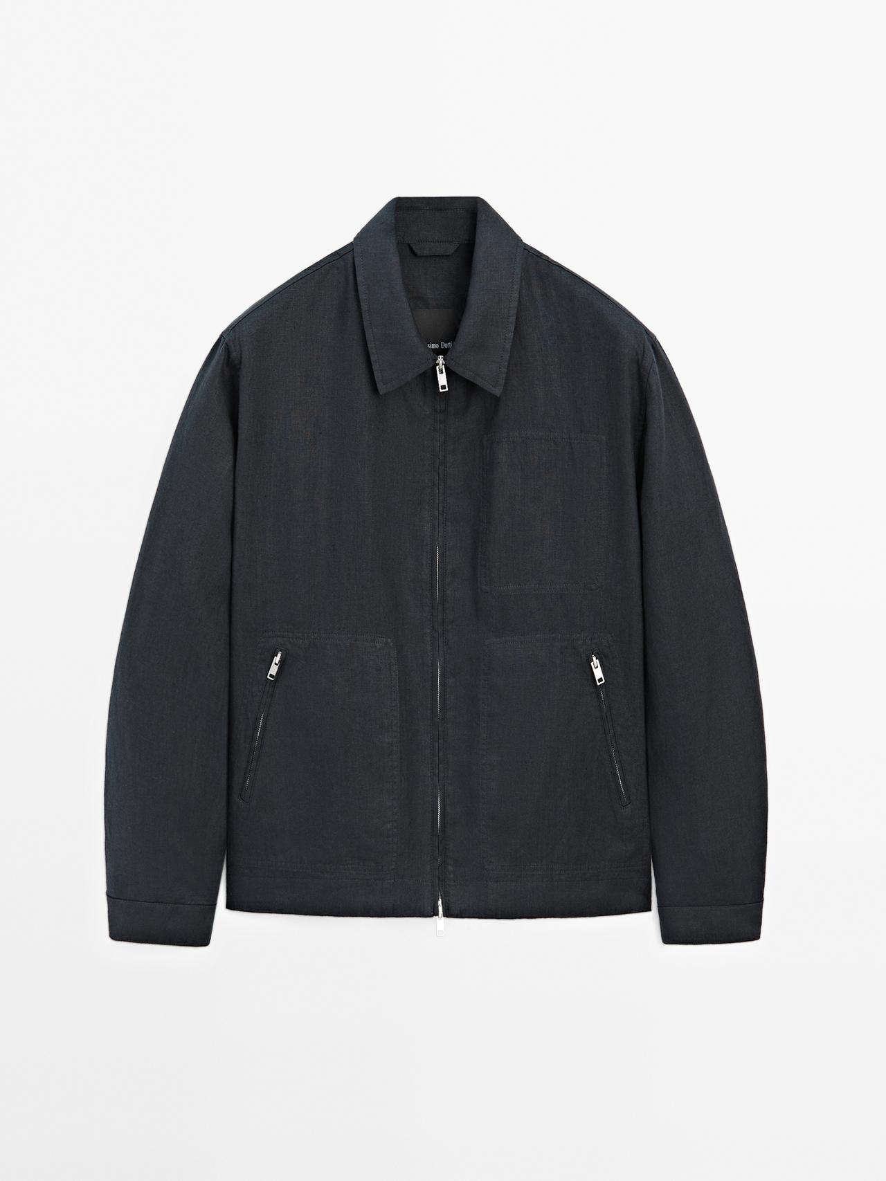 Massimo Dutti - Herre - Jakke Med Lynlås I 100% Hør - Marineblå - Xl