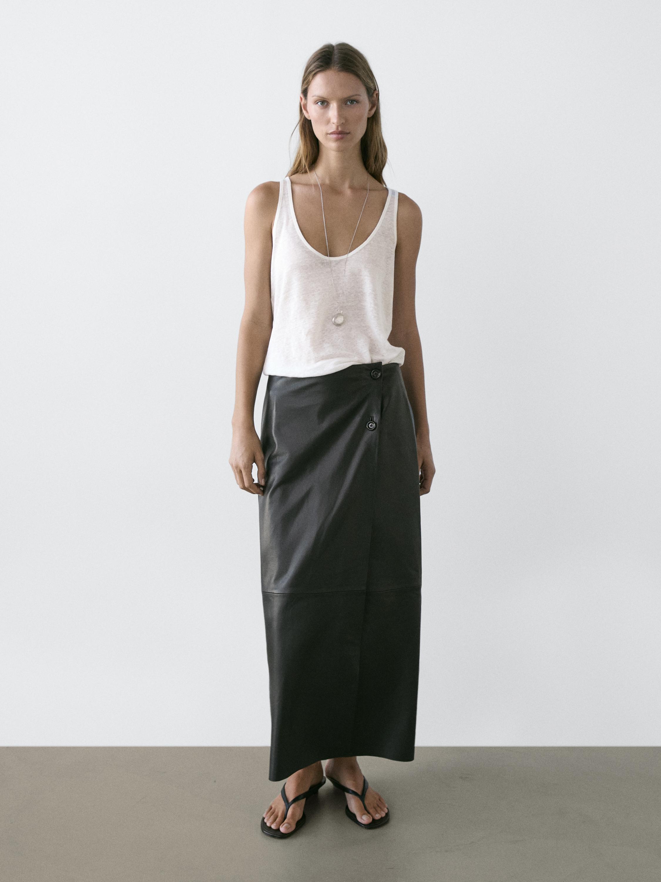 Nappa leather midi skirt with seams — BLACK