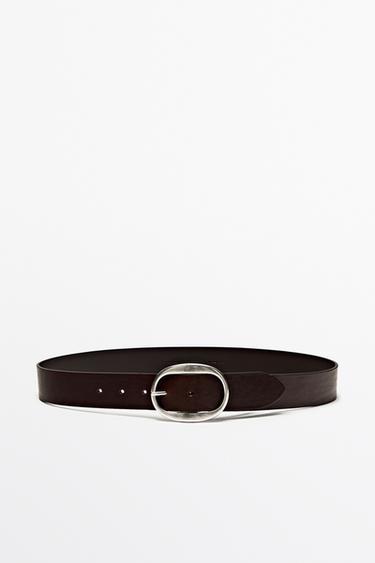 Nappa leather belt with oval buckle — BROWN 1