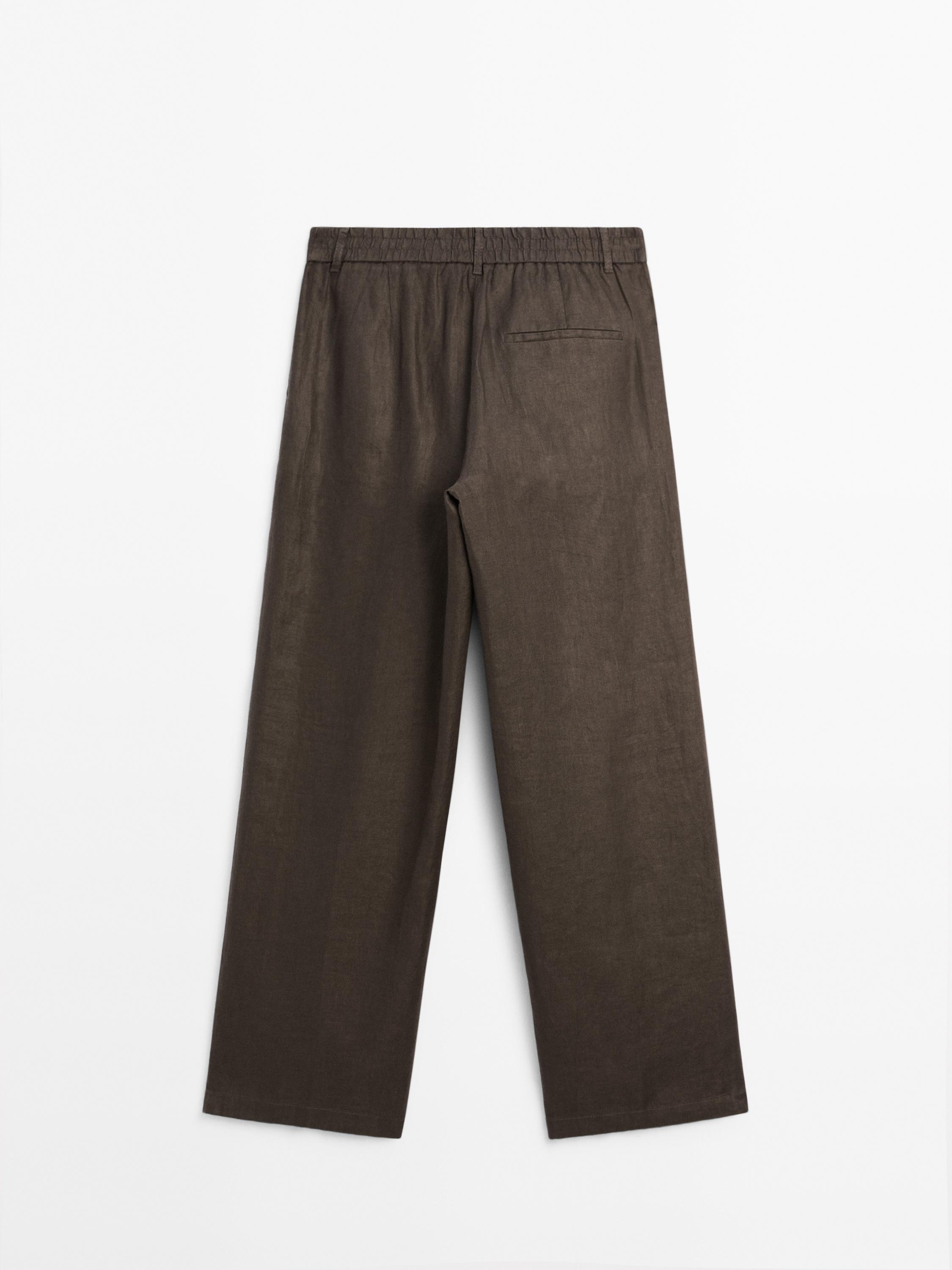100% linen wide-leg elastic detail trousers