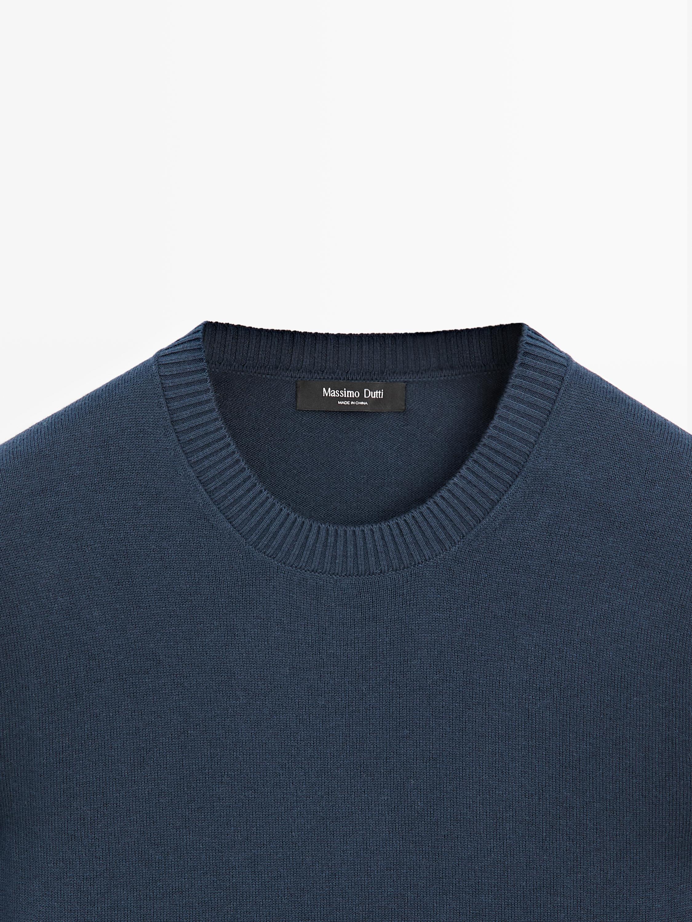 Knit cotton and wool sweater with crew neck — Dark blue
